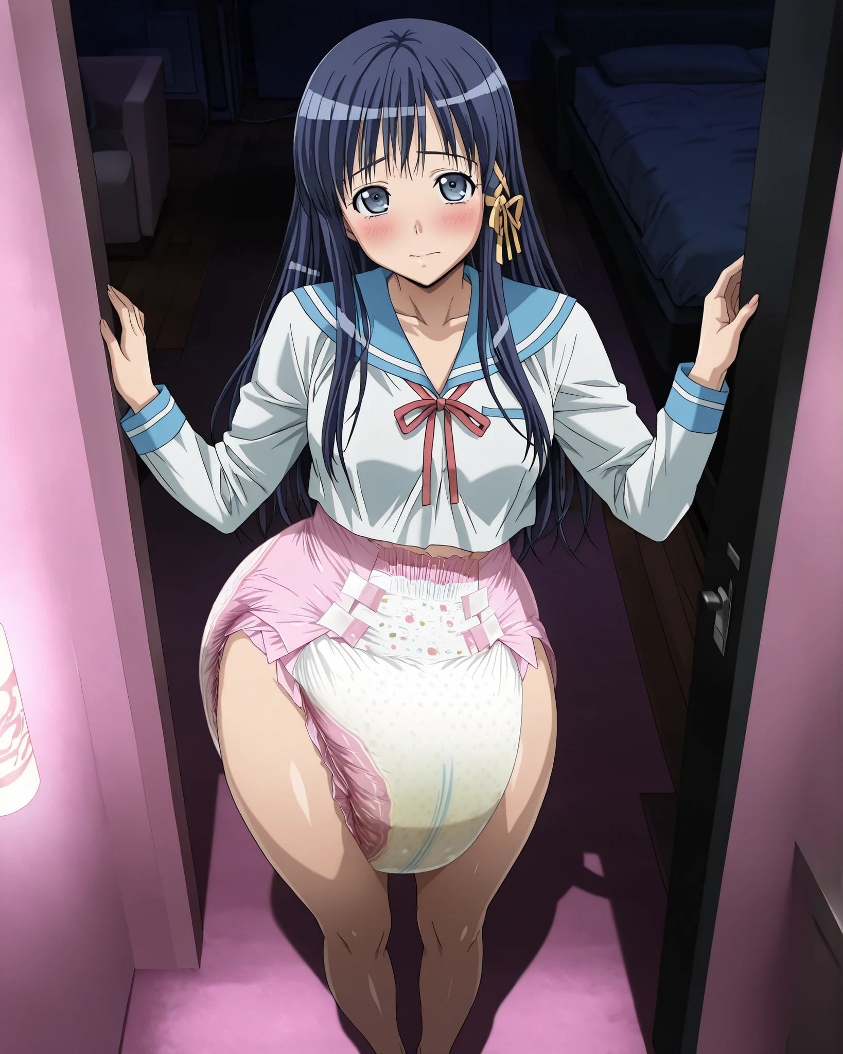 (side view:1.3), (closed-up:1.3), from above, indoors, (living room), (dark room), at night, perfect anatomy, (4 fingers, (1 thumb)), (solo),1 girl, (looking at viewer), exhausted, closed mouth, (blush:0.8), (standing on the floor), (hand on the wall), (opening the hip joint:1.2), (Kotoko YOTSUYA, blue_eyes, dark-blue_hair, long_hair, hair ribbon, yellow ribbon:1.1, long sleeves:1.1, school uniform, barefoot), (curvy:1.3), fat belly, (serene atmosphere), light-pink wall,(wearing high-waist thick diaper:1.3), (high-waist puffy diaper:1.3), (printed diaper, pink diaper), (wide hip), (thick thighs:1.3), thiccdiaper, (top light, artificial light, high contrast, angled shadows), (masterpiece, detailed, vibrant, very aesthetic, amazing quality),