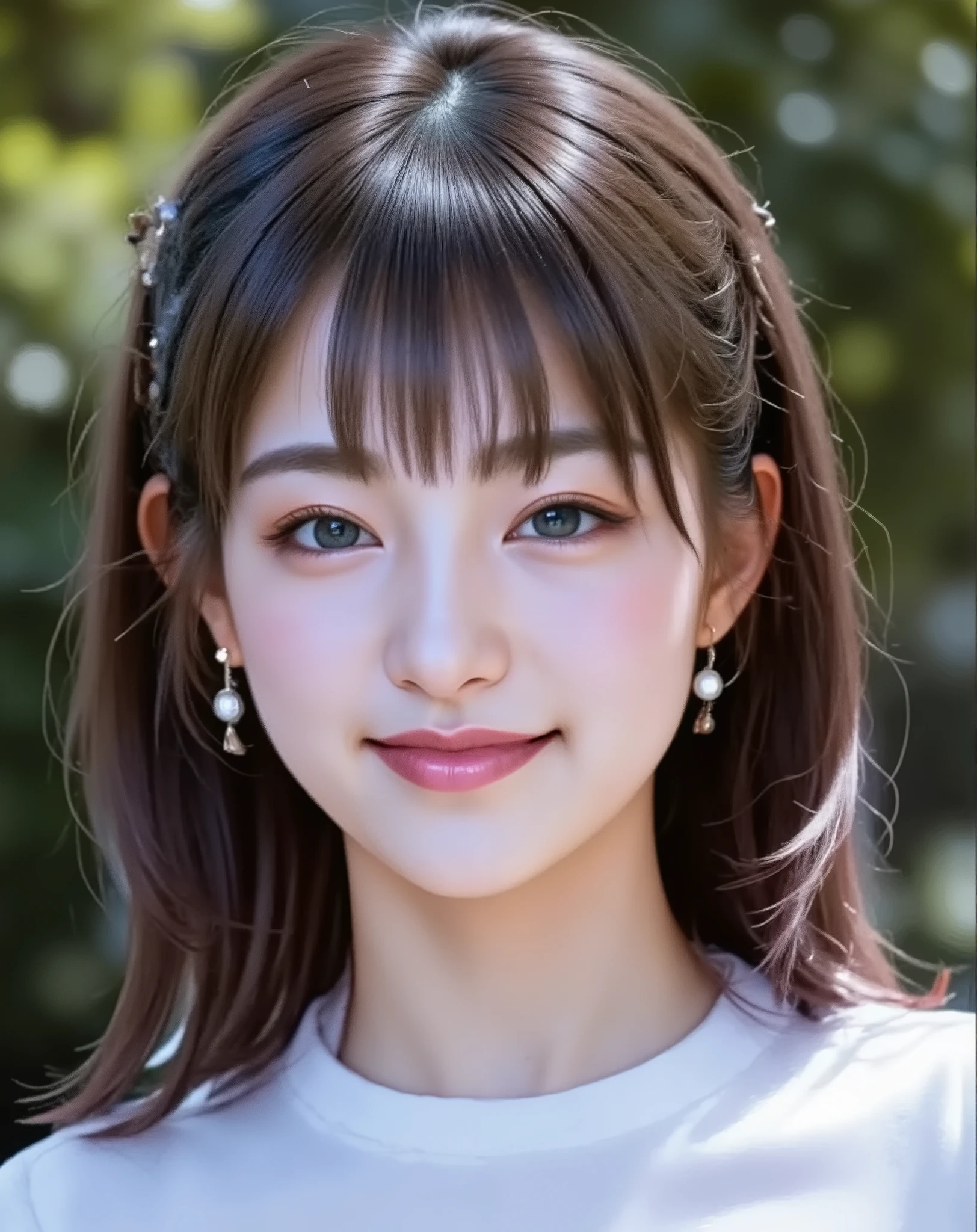 (top quality:1.4),(masterpiece:1.4),(Realistic:1.4),{{Small breasted high school student:Smiling Yang:18age::(big double eyelids):(mascara):{Long Lashes}}:(red cheeks):(Before my hair stands}:{straight,my hair is short :princess cut},{Mini white ,earrings},{ Shining Beautiful Skin:is pale}