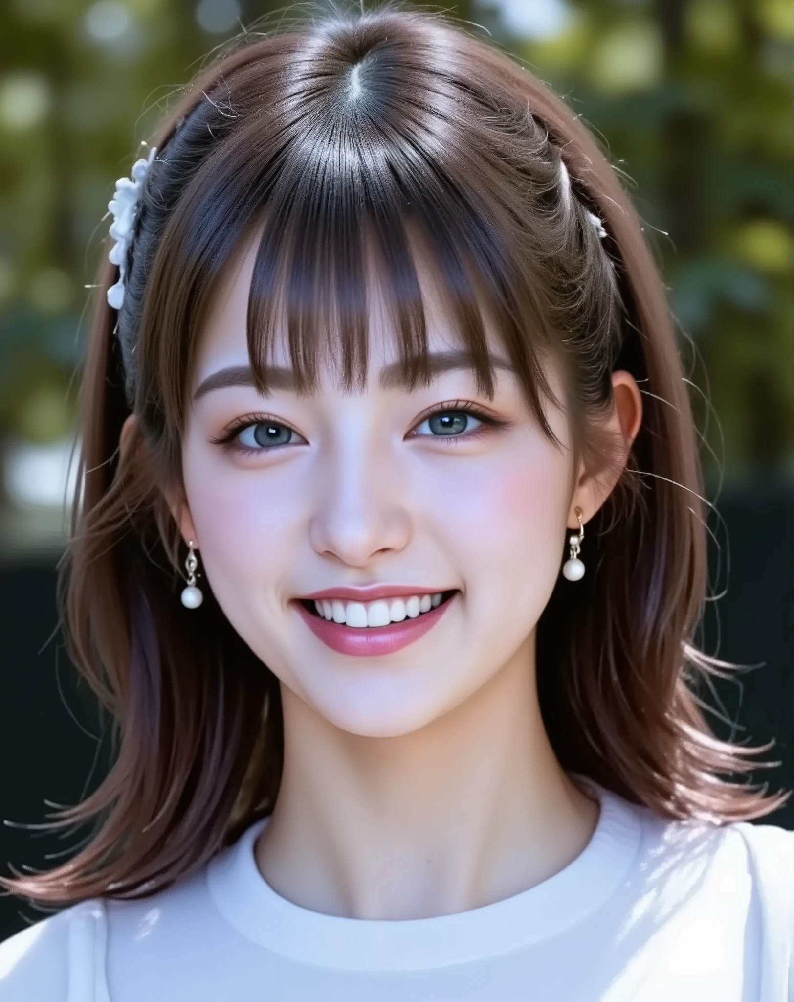 (top quality:1.4),(masterpiece:1.4),(Realistic:1.4),{{Small breasted high school student:Smiling Yang:18age::(big double eyelids):(mascara):{Long Lashes}}:(red cheeks):(Before my hair stands}:{straight,my hair is short :princess cut},{Mini white ,earrings},{ Shining Beautiful Skin:is pale}