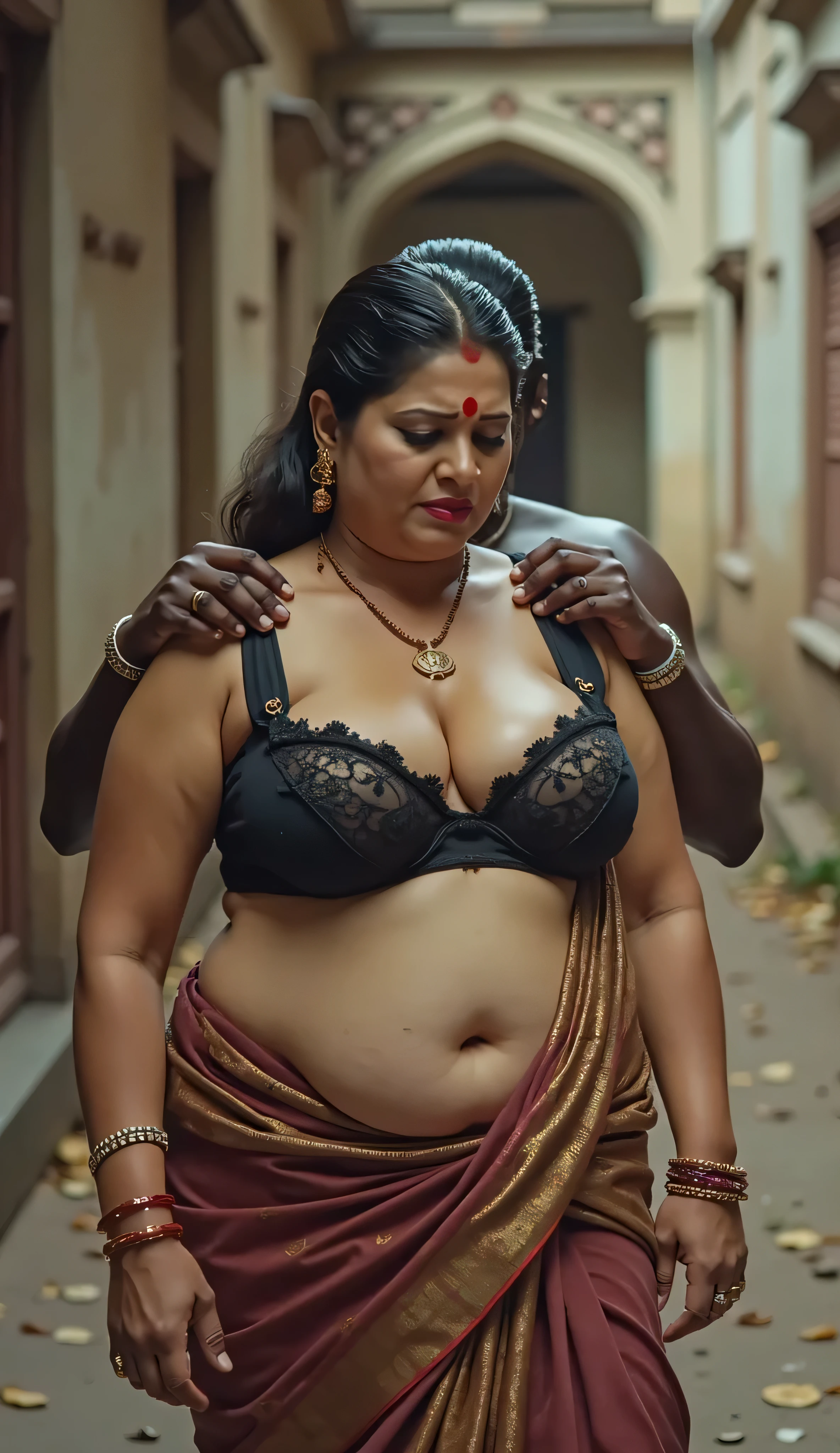 full size image, mature plus size curvy plus size busty desi village mother, lying on bed on her back, looking into the camera with a sad expression, with natural fair skin, wearing lingerie or underskirt and strapless bra, her large cleavage is visible, her navel is visible, red sindoor in her hair, shakha pola bangles in her hand, hair disheveled, beautiful curves, black African wrestler lying on the side, moving his tongue on her and kissing her, he is wearing and his legs are over woman's legs and caressing woman's curves with one hand