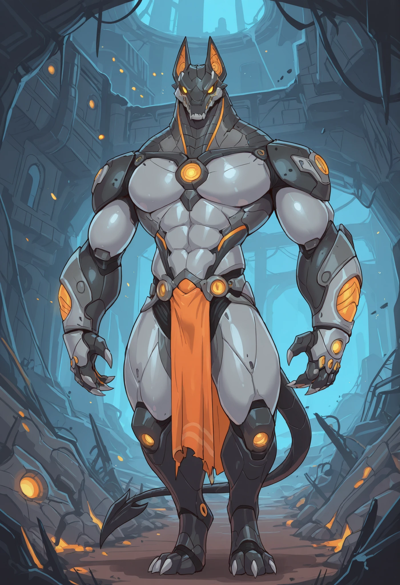 A towering, monstrous anthro jackal cyborg war machine stands in a dramatic, futuristic setting. The character exudes an aura of raw power and menace, with a balanced yet muscular physique, thick arms and legs, and a wide, bulky chest. His delicate face contrasts with his evil, faceless armored mask covering his snout, and his crimson glowing eyes pierce through the darkness. His body is a fusion of rubber goo texture and black steel scales, with muscle-shaped armor that highlights his intricate, detailed musculature. The armor is futuristic, heavy, and evil-looking, designed like a warframe—black and menacing, with glowing LED accents and claws protruding from his hands. A single, massive tail sways behind him, adding to his imposing presence. His long, strong arms are crossed behind his back, and he levitates slightly above the ground, emphasizing his advanced, otherworldly nature. The scene is set in an underground laboratory in ruins, surrounded by debris and scattered tech. The environment is extremely detailed, with dramatic lighting, shadows, and lens flares creating a cinematic, high-stakes atmosphere. The composition uses a Dutch angle for a dynamic, intense perspective.
