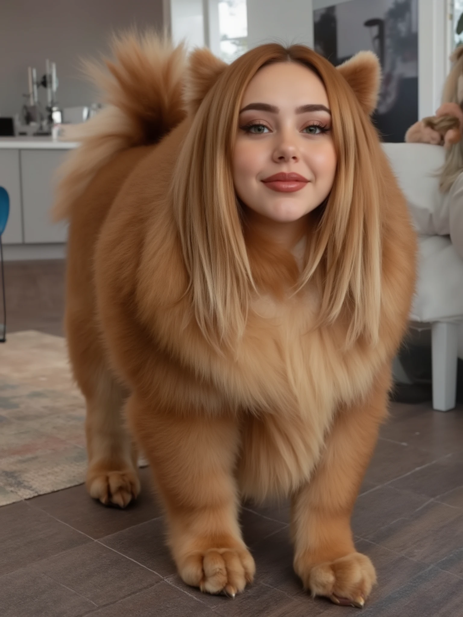 (masterpiece, High quality, high resolution hairstyle, Hyperrealistic photograph), majestic female anthropomorphic Chow Chow, hybrid creature standing on all four legs, humanized canine anatomy in elegant posture, beautiful female face with delicate features, long, silky blond hair falling on the shoulders, Chow Chow ears crown the head, bright and expressive canine eyes, body completely covered with soft shiny fur, long and elegant tail that moves to maintain balance, height proportional to an adult woman, defined muscles under the fur, proud and elegant posture, Flirty and happy. Modern home interior, LED lighting creating defined shadows and dramatic contrasts, detailed realistic textures, perfect details of hair and skin, 8K, professional lighting, balanced composition, depth of field