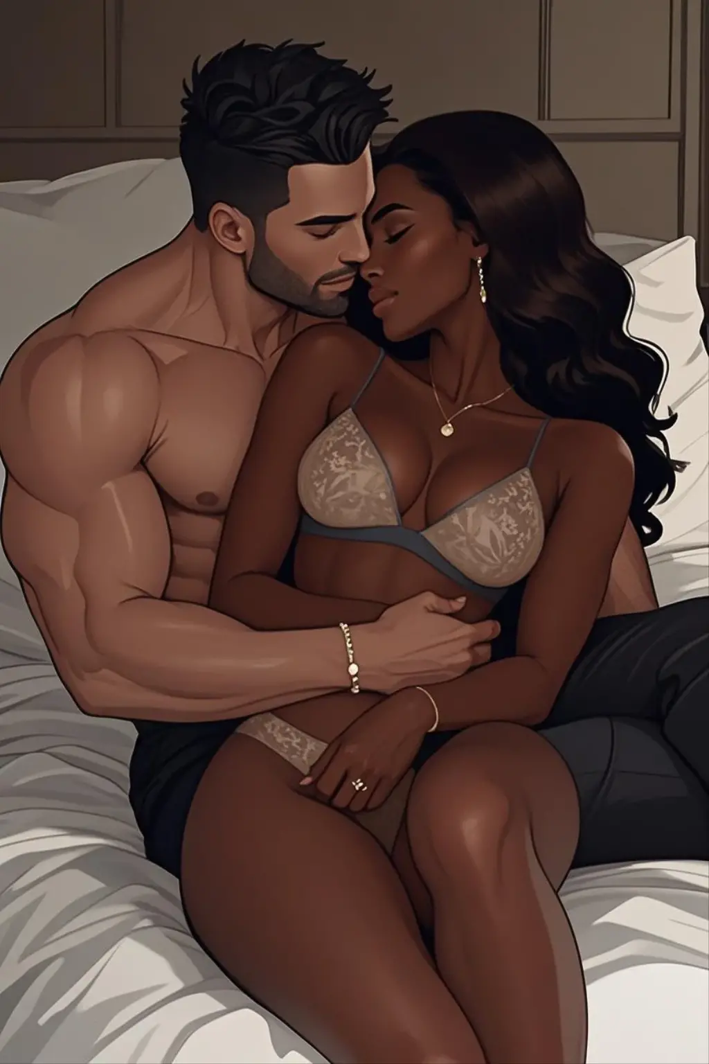 ((highest quality)), ((masterpiece)), Perfect Face、（((Yuuki Asuna)))、（((The woman has brown hair and white skin)))、((A black man and woman  and sleep together in bed))、A woman is  in bed with a black man, cuddling and hugging him as  happily、The lights in the room go out and I go to sleep、（The black man has dark skin and a strong body with a big   and ）、Woman has happy expression、The woman becomes pregnant、The woman is wearing earrings and a necklace、Black men and women wear gorgeous engagement rings、Black man and woman in bedroom２Sleeping alone、The black guy's  is huge, long and shiny、((The woman has brown hair and white skin))