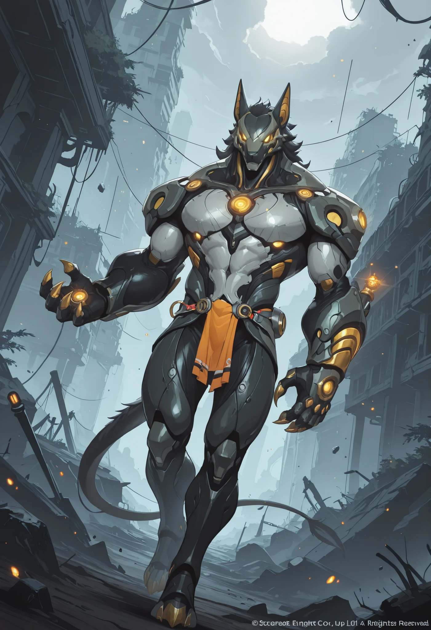 score_9, score_8_up, score_7_up, score_6_up, score_5_up, score_4_up, gigerworld, anthro jackal, heavy armor under the jacket, bulky, wide chest, monstrous, red glowing eyes, long hands, strong arms,
cybrog, anthro, jackal, male, full body, Muscle, Delicate face, Delicate eyes, 1 big tail, (glowing LED), energy, outdoors, rubber goo body, evil looking, crimson glowing eyes, black steel scales, black and evil armor, futuristic evil armor, heavy armor, snout-cover armored mask, faceless head, balanced physique, muscle-shaped armor, war machine, muscular physique, thick arms and legs, muscular texture and details on armor, claws, warframe, cyborg,
hands behind the back, levitating, advanced and stylish design, dutch angle, minute details, detailed background, newest, debris, ruins, underground laboratory, extremely detailed CG unity 8k wallpaper, realistic, masterpiece, highest quality, realistic, masterpiece, highest quality, lens flare, unreal engine, trending on ArtStation, Intricate, High Detail, dramatic, realism, beautiful and detailed lighting, shadows