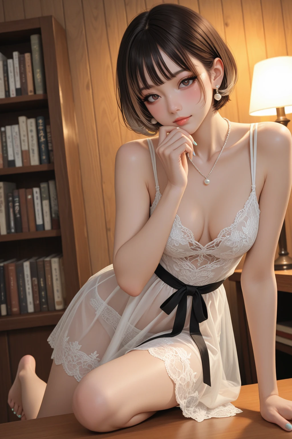 Married women((highest quality、8k、masterpiece:1.3))　Leg spread　Thick pubic hair　Braiding　Brown Hair　bangs　short hair