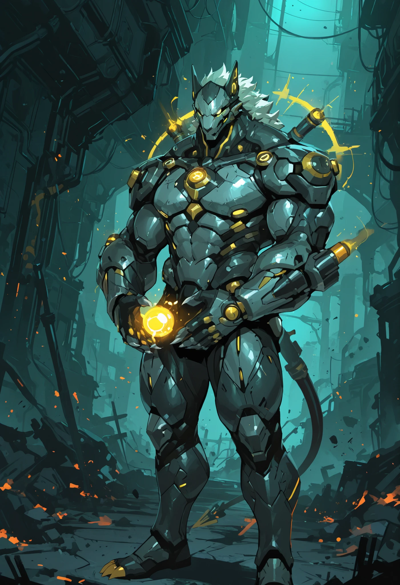 A towering, monstrous anthro jackal cyborg war machine stands in a dramatic, futuristic setting. The character exudes an aura of raw power and menace, with a balanced yet muscular physique, thick arms and legs, and a wide, bulky chest. His delicate face contrasts with his evil, faceless armored mask covering his snout, and his crimson glowing eyes pierce through the darkness. His body is a fusion of rubber goo texture and black steel scales, with muscle-shaped armor that highlights his intricate, detailed musculature.
The armor is futuristic, heavy, and evil-looking, designed like a warframe—black and menacing, with glowing LED accents and claws protruding from his hands. A single, massive tail sways behind him, adding to his imposing presence. His long, strong arms are crossed behind his back, and he levitates slightly above the ground, emphasizing his advanced, otherworldly nature.
The scene is set in an underground laboratory in ruins, surrounded by debris and scattered tech. The environment is extremely detailed, with dramatic lighting, shadows, and lens flares creating a cinematic, high-stakes atmosphere. The composition uses a Dutch angle for a dynamic, intense perspective.
