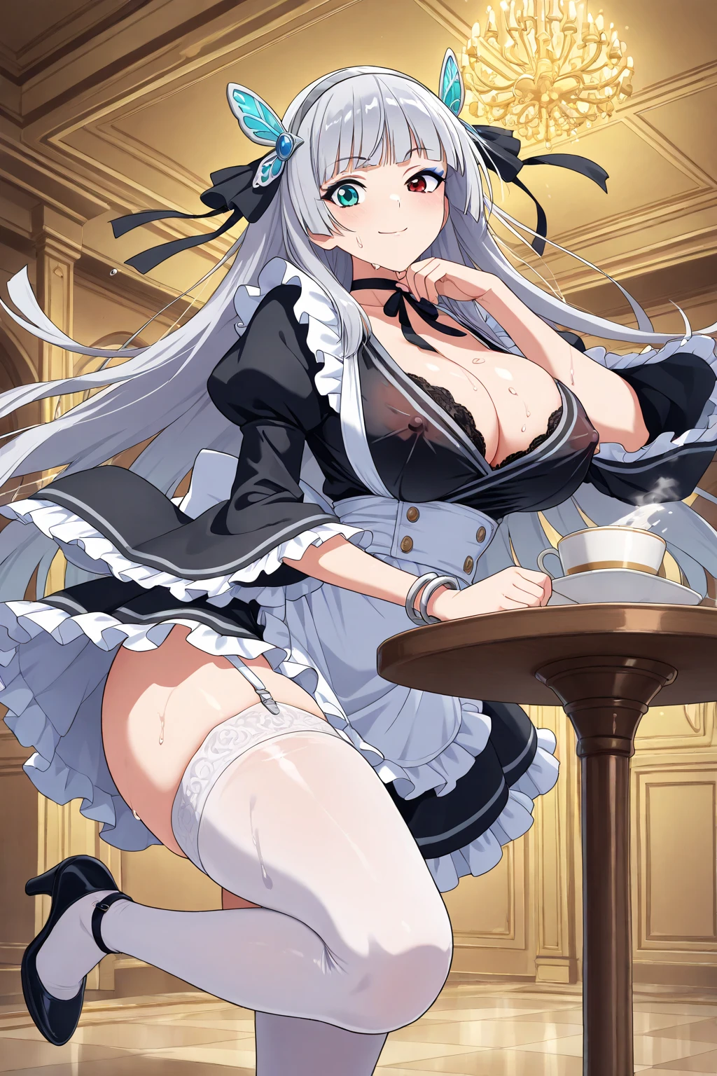 1 woman, grayfia lucifuge, long white hair, ((detailed eyes:1.2)), wearing ???? maid outfit, ????, sensual, sleeveless, sideboob, underboob, masterpiece, top quality, best quality, official art, beautiful and aesthetic:1.2), extreme detailed, colorful, highest detailed