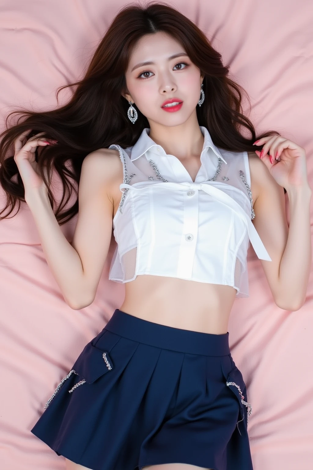 best quality,Surrealism,Extremely detailed,8K), teenager, Fifteen years old, Cute girl, pale, Big blue eyes, Very white skin, Small nose, Brown super short hair，With bangs, Melancholy, Beautifully, Feminization, plump, Sitting astride the bed, Shorter Ponytail Hairstyles, Plaid Mini Skirt, whole body，Pantyhose, Open your legs, True to life colors, ???? red lips, whole body, ((Sitting astride with thighs exposed)).