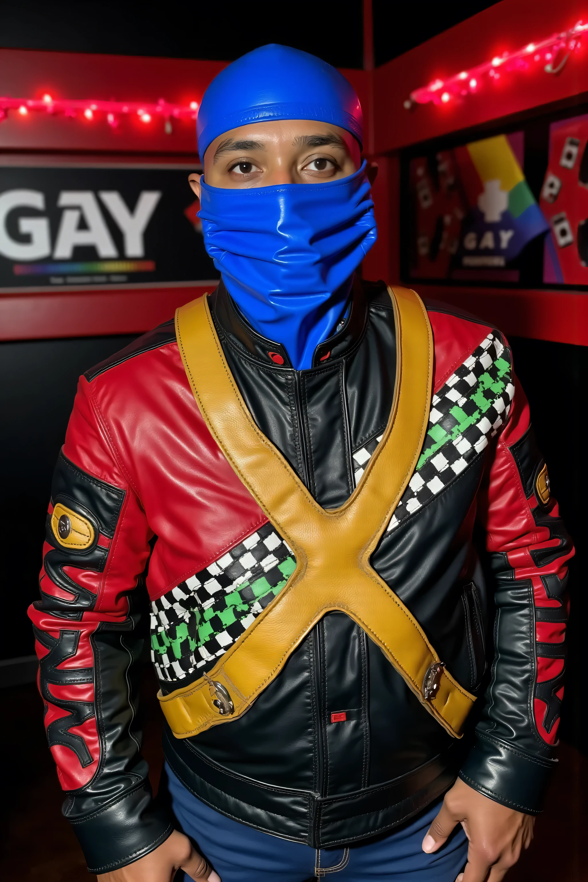 ,a 57 year old 300 pound black man that is tall wears a black and red 1970s leather jacket bredwhtredcheckercrjkt, the jacket has a diagonal green and blue checkered stripe across the chest, the jacket has light patina and fading from wear and age, the man wears a bright blue latex face covering obscuring his mouth and nose under the soft fabric, the man wears a heavy thick shining yellow chest harness, the man stands inside of a disco nightclub, the wall signs are gay and there is a LGBTQIA and transgender pride flag on the wall