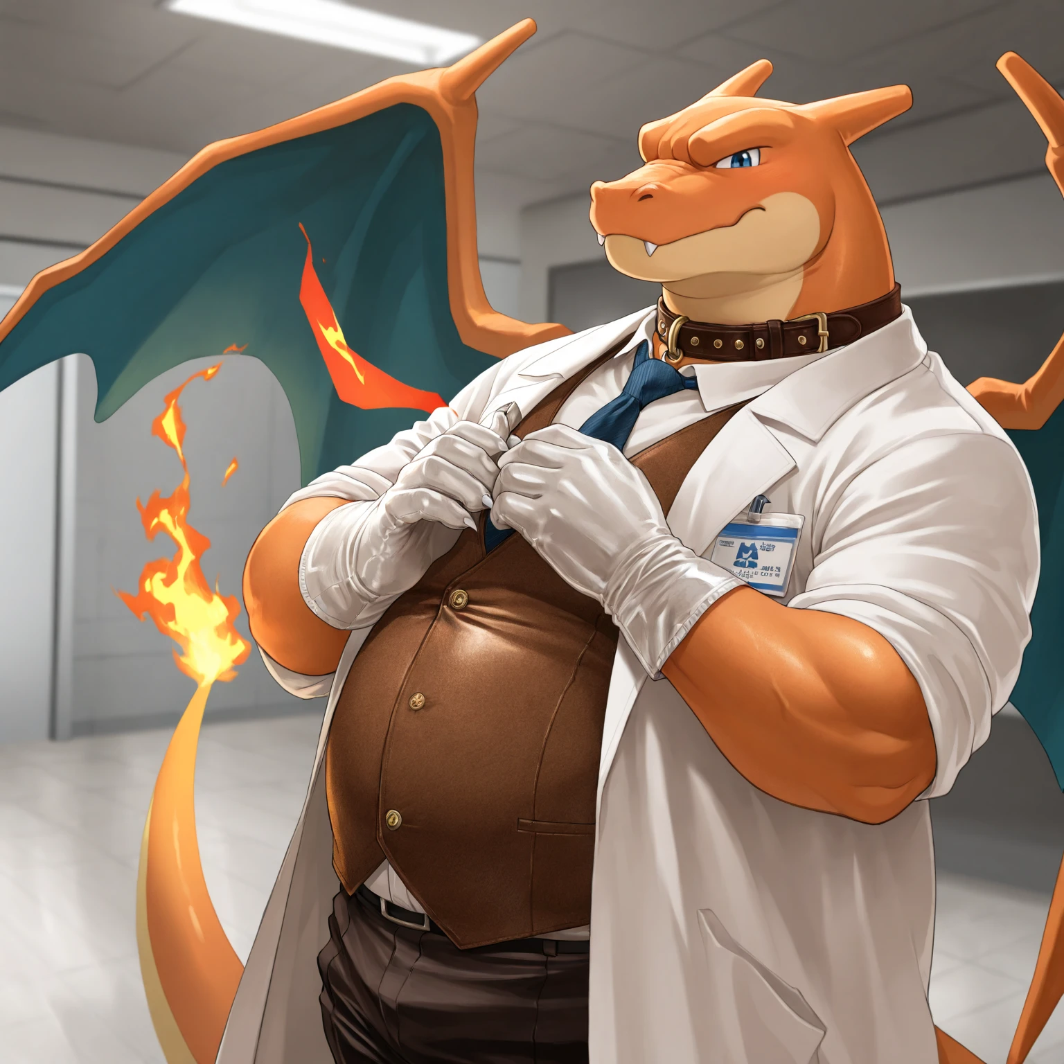 A male, fat, large, , extremely obese, doctor Charizard, with a giant hyper  and , large , Large Charizard is  an extreme amount of  from the  with immense pleasure, Large Charizard is wearing glossy light-blue rubber gloves on the hands around the wrists, wearing glossy light-blue rubber gloves on the feet around the ankles, Large Charizard is wearing a thick glossy black leather dog collar around the neck, Large Charizard is wearing a glossy white lab coat, Large Charizard is wearing a lab coat and black leather dog collar at the same time, thick black dog collar is rubber in texture, light-blue gloves are rubber in texture,  is sticky in texture, Large Charizard is clutching  with hand, rubbing  with hand, clenching teeth, , evil grin, rubber gloves go up to the wrists, rubber gloves go up to the ankles, lab coat is rubber in texture, lab coat and dog collar are worn at the same time. A second male doctor Charizard with a  and biceps wearing light-blue rubber gloves and a thick leather dog collar around the neck helping the larger doctor Charizard  extreme amounts of  from the , second doctor Charizard is wearing a glossy white lab coat and leather dog collar at the same time, second doctor Charizard is rubbing the larger doctor Charizard's , second doctor Charizard is shoving his  inside the larger doctor Charizard's , second doctor Charizard is examining the larger doctor Charizard's , second doctor Charizard is shoving his  into the opening of the larger doctor Charizard's , second doctor Charizard stroking the larger doctor Charizard's , leather collar is shiny and extremely detailed, gloves are rubber in texture and extremely detailed,  has a large vein, larger doctor Charizard is having his  pampered by the second doctor Charizard, second doctor Charizard is examining the larger doctor Charizard's  by rubbing it.