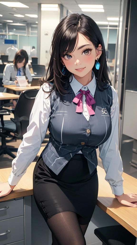 ((high quality)), ((Tabletop)), (Detailed face), (highlight),　Asian Girl、Big breasts、thigh、Black Hair、Heavy bangs、high school girl、skirt、blazer、