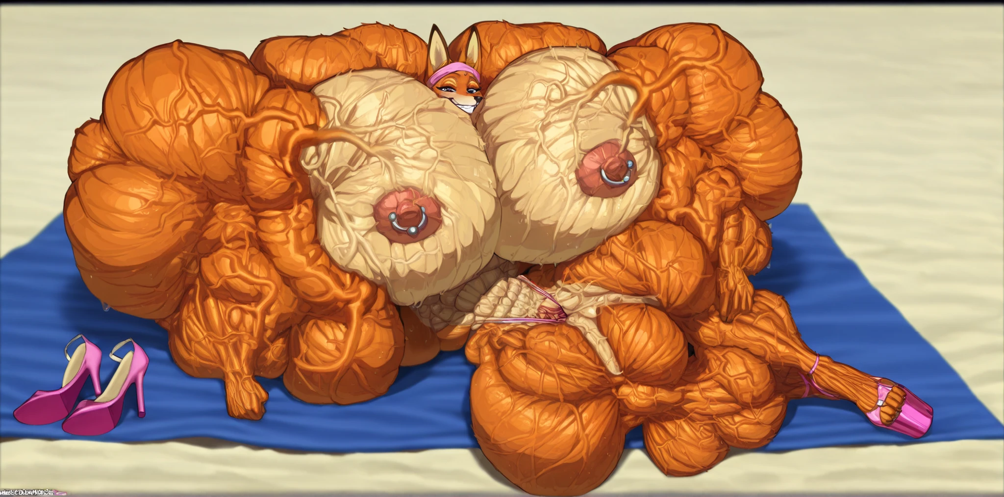 GarterStrap_MaidMarian_ownwaifu, orange fox, maid marian, fox, orange body, Lying side view, solo, Lying side, Mineru, furry female, animal ears, barefoot, long torso, multi abs, FLEXING ARMS, micro waist, bimbo ass, exposed abs, breast,open legs, hands, huge traps, better hands, flexing arms, hyper fake ass, furr body, furry, hyper muscle,furry, color image, pussy, femenine, hyper muscles, hyper defined muscles, small hands, broad shoulders, micro waist, veiny, veins, hyper veiny, abs, biceps, triceps, quads, pecs, muscular abdomen, hyper vascular, veiny, large thick veins covering muscles, veins, vascular, shredded, ripped, hypermuscular, striations, dipstick ears and tail, humanoid feet and hands, Masterpiece, best quality, 1girl, furry female, hyper muscle, multi abs, abs, micro waist, hyper biceps, hyper ass, diamond navel piercing, nipples lumps, Hyper muscles, veiny muscles hyper pecks, hyper breast, breast, huge areolas, huge breast, breast implants, fake breas, shredded muscles, extreme muscles, hyper muscle, puffy pussy, veiny muscles, veiny body, massive veins, lubricated body, oiled body, sweating profusely, nipple piercing, nipple bar, huge biceps, thicc thighs), thin waist, thin hips, hyper huge thighs, massive Thighs, looking at viewer, highleg panties, dim lit beach, beach background, day light, playful, smug smile, sexually teasing posing, clitoris exposed, color, micro, waisr, very high platform heels, nude, neon pink nipples, upright position, Lying on my side, panoramic, reclining, alone, paint me like your French ladies,a single character, without duplicates, lying down full body, lying horizontally