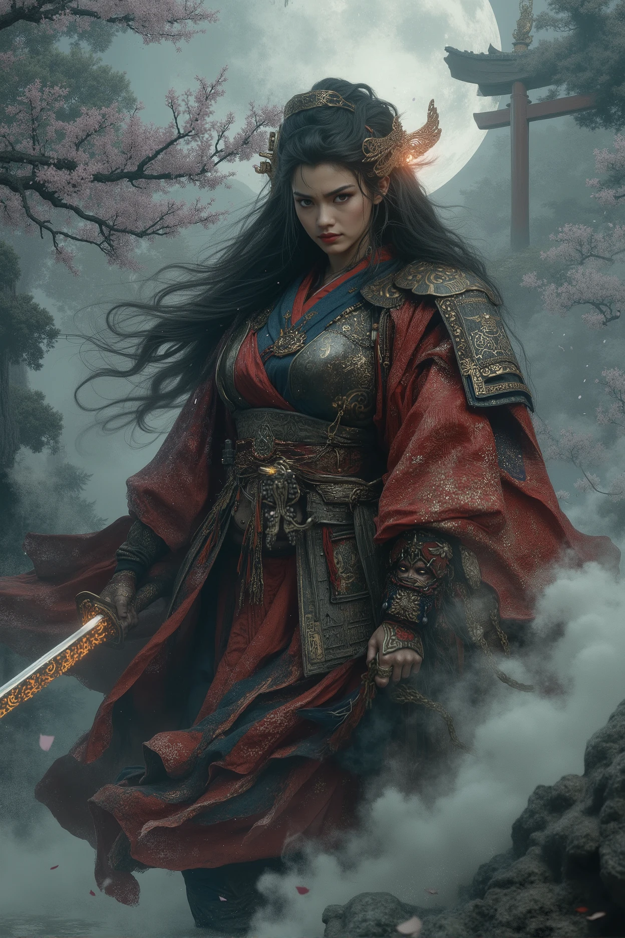 (best quality,4k,8k,highres,masterpiece:1.2), ultra-detailed, (realistic,photorealistic,photo-realistic:1.37), A fearless Japanese female warrior in traditional crimson and indigo battle kimono reinforced with ornate samurai armor. She wields a glowing katana inscribed with ancient sutras, standing confidently on a torii gate at twilight. Her long black hair flows like ink in the wind, eyes burning with divine fire. She is surrounded by vanquished yokai—oni, nurarihyon, and giant spiders—fading into smoke. Cherry blossom petals mix with swirling spiritual energy as holy seals float in the air. Moonlight filters through misty cedar trees, casting ethereal shadows. Ukiyo-e inspired, cinematic style, highly detailed, mystical atmosphere.