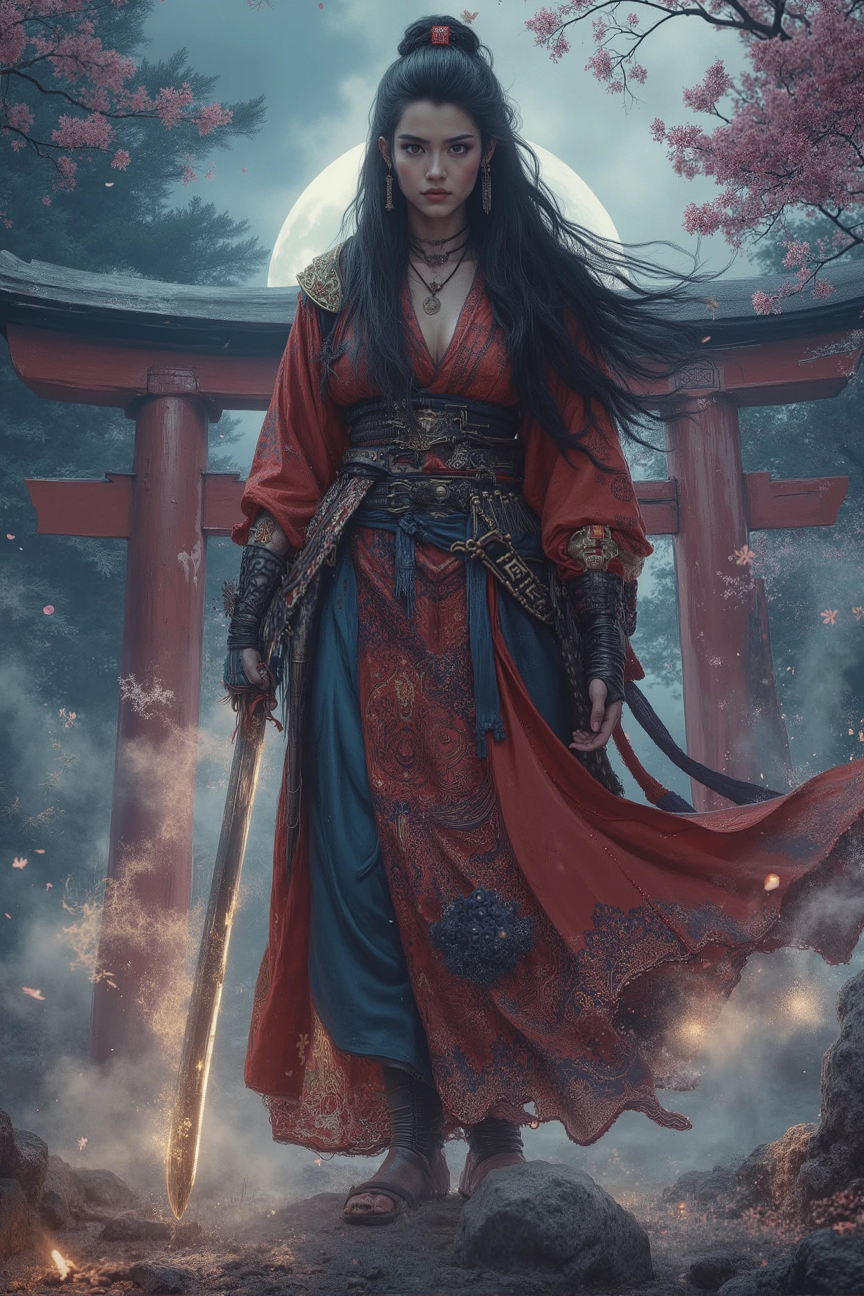 (best quality,4k,8k,highres,masterpiece:1.2), ultra-detailed, (realistic,photorealistic,photo-realistic:1.37), A fearless Japanese female warrior in traditional crimson and indigo battle kimono reinforced with ornate samurai armor. She wields a glowing katana inscribed with ancient sutras, standing confidently on a torii gate at twilight. Her long black hair flows like ink in the wind, eyes burning with divine fire. She is surrounded by vanquished yokai—oni, nurarihyon, and giant spiders—fading into smoke. Cherry blossom petals mix with swirling spiritual energy as holy seals float in the air. Moonlight filters through misty cedar trees, casting ethereal shadows. Ukiyo-e inspired, cinematic style, highly detailed, mystical atmosphere.