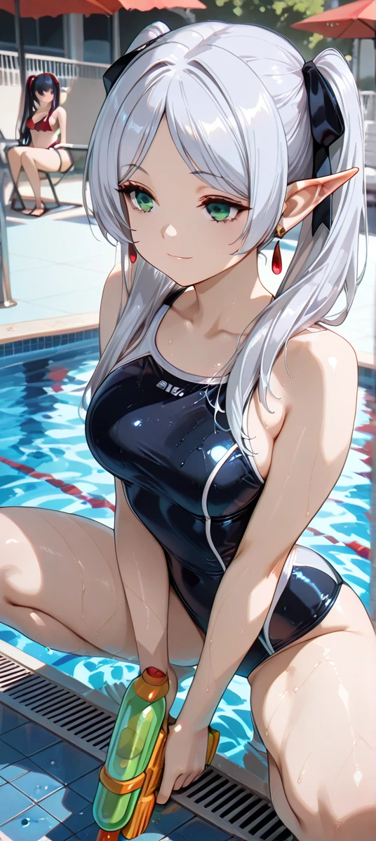 ((Kantai Collection, kancolle, Kashima)), (),  bags, slightly slanted eyes, long black thin latex gloves, long black  thin latex knee-high socks, blue competition swimsuit, wrinkled swimsuit, tight swimsuit, swimsuit reflecting light, wet swimsuit, wet skin, framed breasted, double bust, framed groin, framed navel, cleavage sticking to swimsuit, sunlight, one arm raised up, sitting, legs closed, from the front and slightly below, looking at the viewer, kind smug light smile