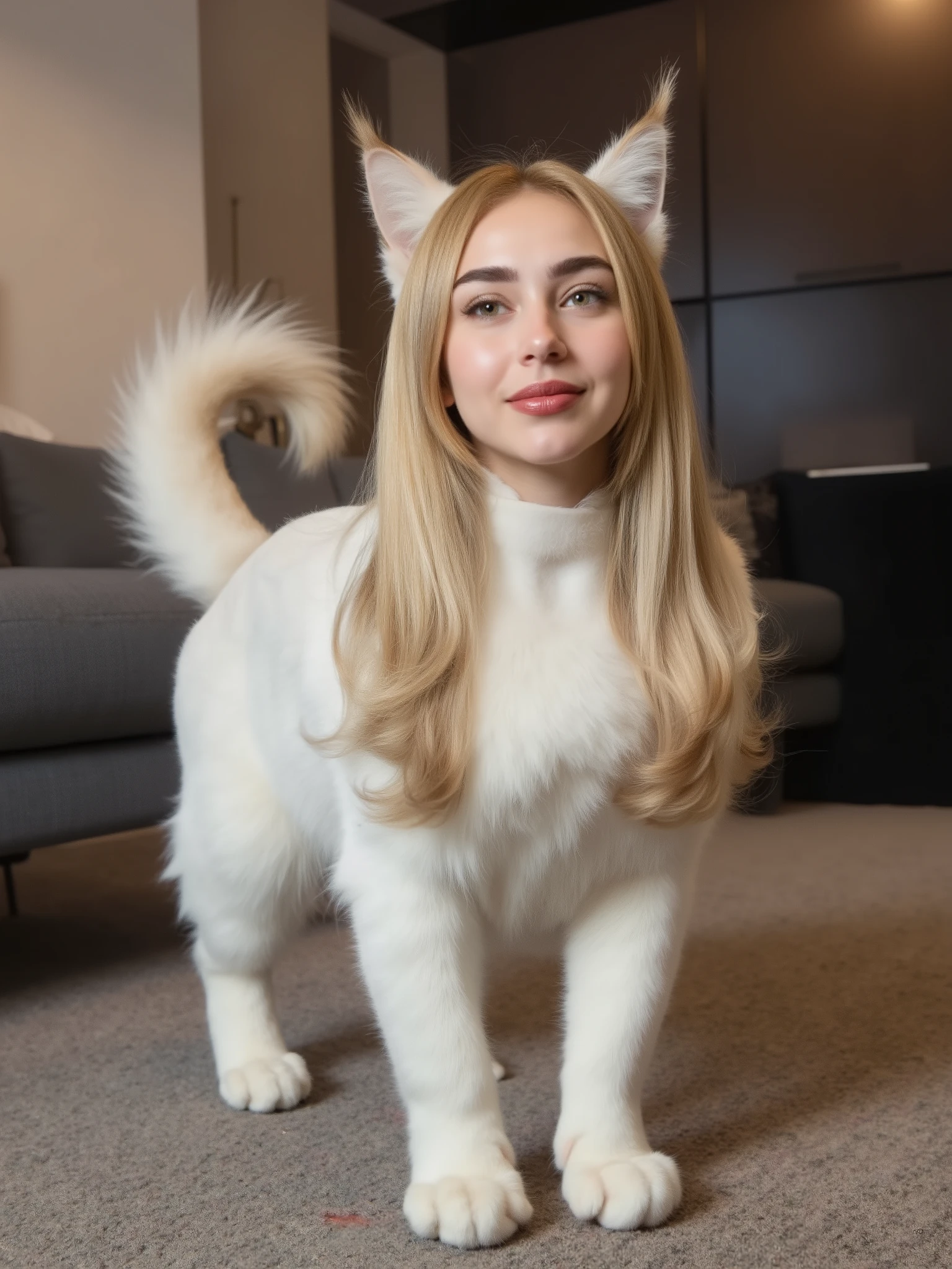 (masterpiece, High quality, high resolution hairstyle, Hyperrealistic photograph), Majestic female anthropomorphic cat, hybrid creature standing on the ground on all four legs, humanized feline anatomy in an elegant posture, beautiful female face delicate features,   cat whiskers on the face  , long, silky blond hair that falls on the shoulders, triangular cat ears that crown her head, shiny and expressive feline eyes, body completely covered with soft and shiny white fur, long and graceful tail moving to maintain balance, height proportional to an adult woman, defined feline muscles under the fur, proud and elegant posture, Flirty and happy. Modern home interior, neck LED lighting that creates sharp shadows and dramatic contrasts, detailed realistic textures, perfect details of hair and skin, 8K, professional lighting , balanced composition, depth of field