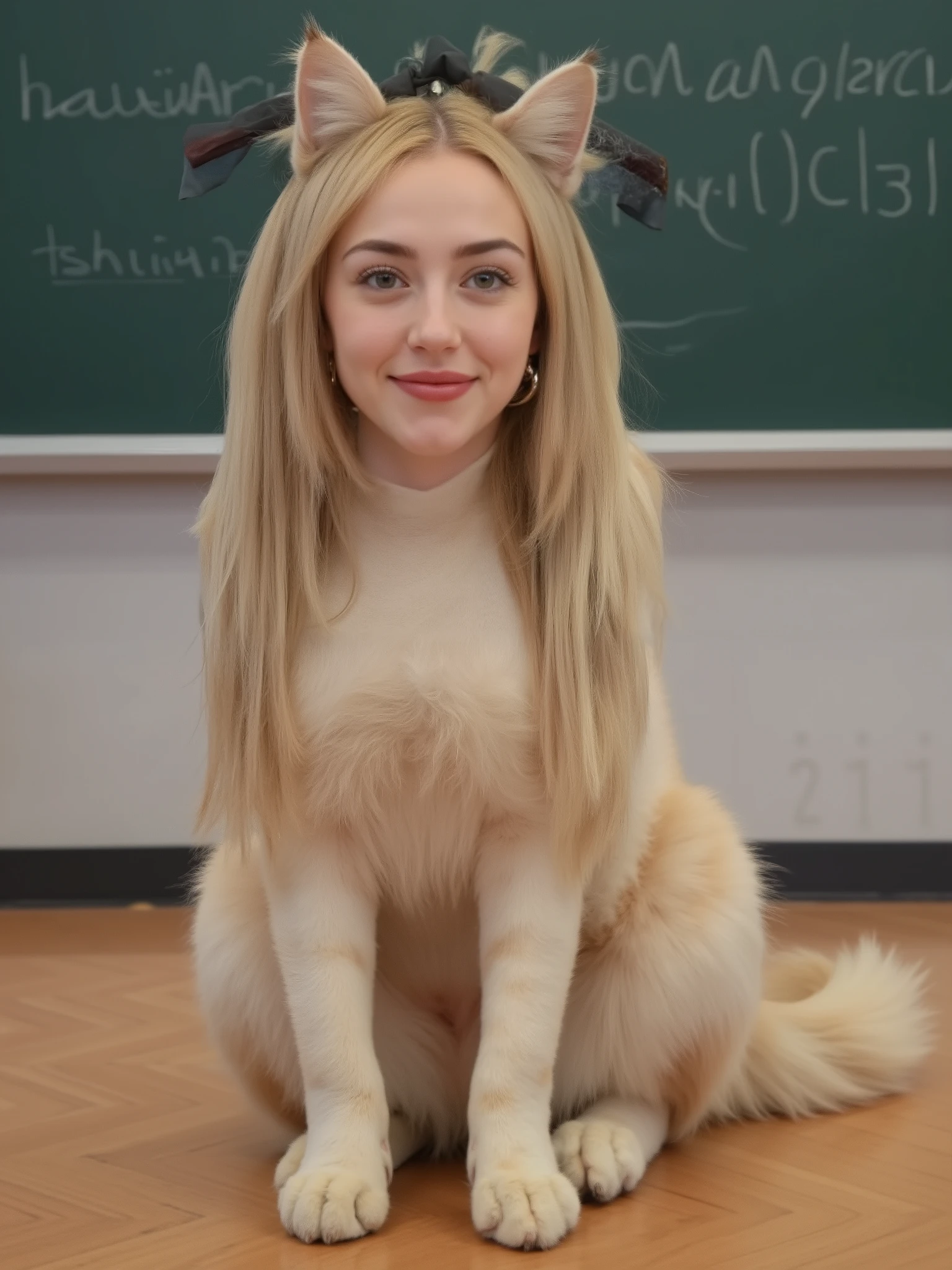 chica híbrida, Full body of the cat, Head of a female , big cat ears and a long fluffy cat tail; blonde with very long hair tied in a fluffy ponytail and ribbon, earrings; teacher of 22 years, Face with a smile; She has a front view of 4 legs and a full body, in her classroom in front of the blackboard, bright school environment.