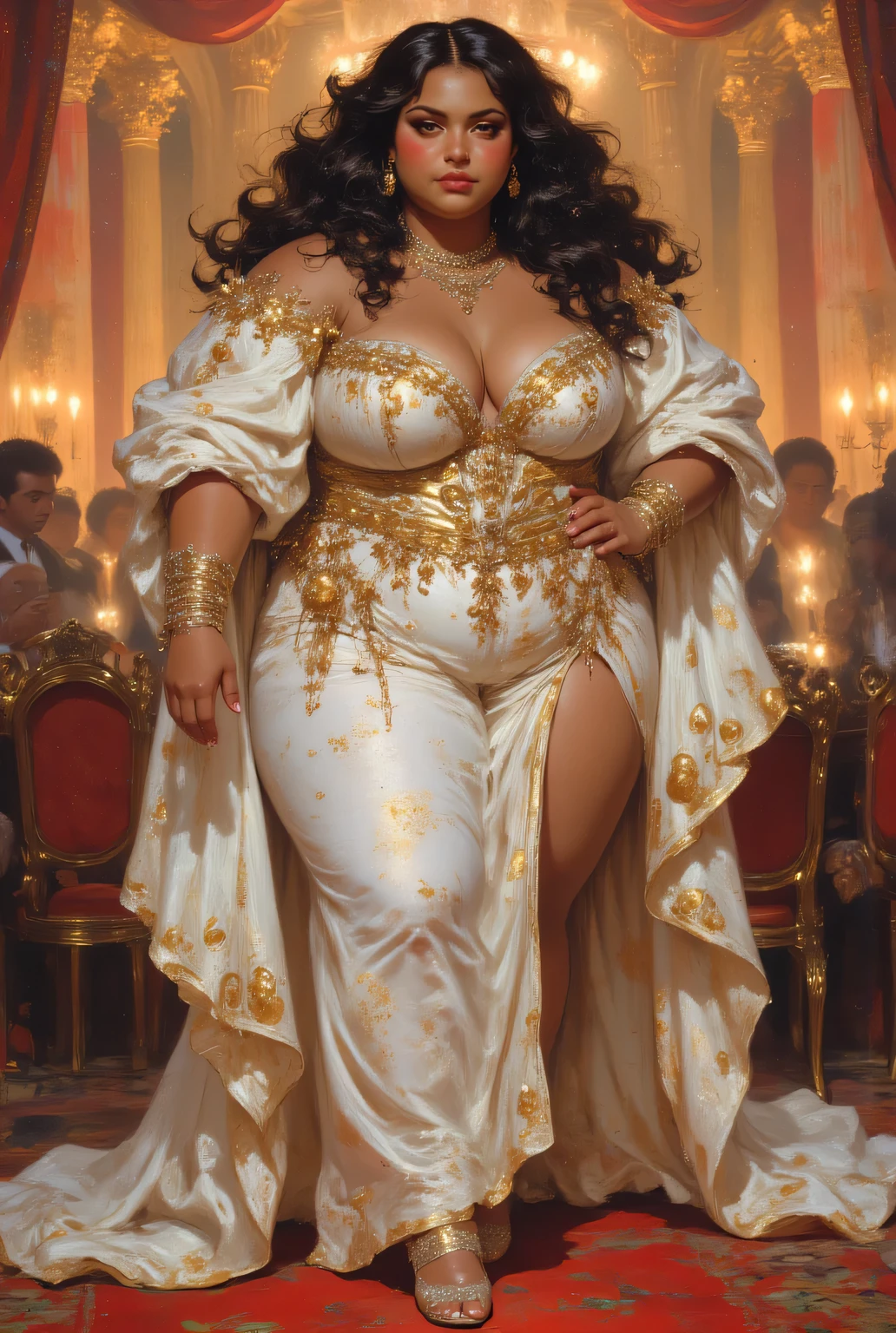 fat big large overweight heavy feminine beautiful young woman with chubby face dark brown tan tanned skin color and black eyes, (((long black curly side-parted hair))), (((black hair))), (((brown skin))), (((brown-skinned))), (((dark brown skin))), (((brown skin complexion))), (((dark brown complexion))), (((dark skin))), (((dark skinned))), (((chubby face))), (((chubby cheeks))), (((fat face))), (((round face))), (((broad face))), (((wide face))), (((chubby fat body))), (((plus size body))), (((overweight body))) (((small chest, small breasts))), (((short neck))), (((wearing white and gold burlesque show outfit with shiny jewelry and high heels))), (((standing on a stage with a feminine pose))), (((black eyes))), (((dark brown eyes))), (((dark eyes))), dynamic lighting, rosy lips, (((closed mouth))), (((closed lips))), full lips, (((big lips))), (((big round nose))) neutral expression, detailed clothes, ornate design, (((upper body portrait))), full body picture, looking at viewer, facing viewer, (((realistic))), highly detailed, masterpiece, absurdres, hq, 4k, 1girl, solo, wide hips,Attractive, (ultra realistic), thick outlines, drawn, bright colors, detailed eyes, detailed hands, digital oil painting art style, Detailed face, attractive, dynamic pose, HD, good quality
