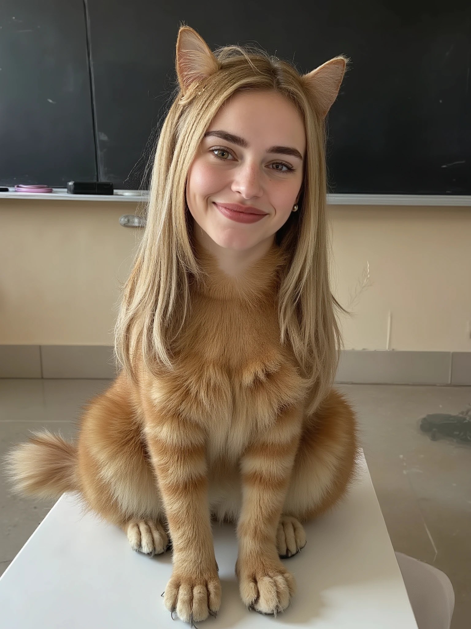 chica híbrida, Full body of the cat, Head of a female , big cat ears and a long fluffy cat tail; blonde with very long hair tied in a fluffy ponytail and ribbon, earrings; teacher of 22 years, Face with a smile; She has a front view of 4 legs and a full body, in her classroom in front of the blackboard, bright school environment.