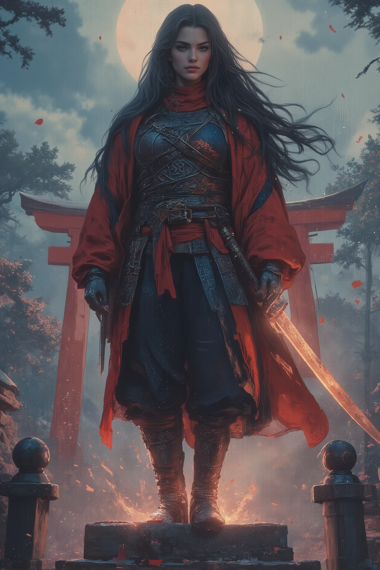 (best quality,4k,8k,highres,masterpiece:1.2), ultra-detailed, (realistic,photorealistic,photo-realistic:1.37), A fearless Japanese female warrior in traditional crimson and indigo battle kimono reinforced with ornate samurai armor. She wields a glowing katana inscribed with ancient sutras, standing confidently on a torii gate at twilight. Her long black hair flows like ink in the wind, eyes burning with divine fire. She is surrounded by vanquished yokai—oni, nurarihyon, and giant spiders—fading into smoke. Cherry blossom petals mix with swirling spiritual energy as holy seals float in the air. Moonlight filters through misty cedar trees, casting ethereal shadows. Ukiyo-e inspired, cinematic style, highly detailed, mystical atmosphere.