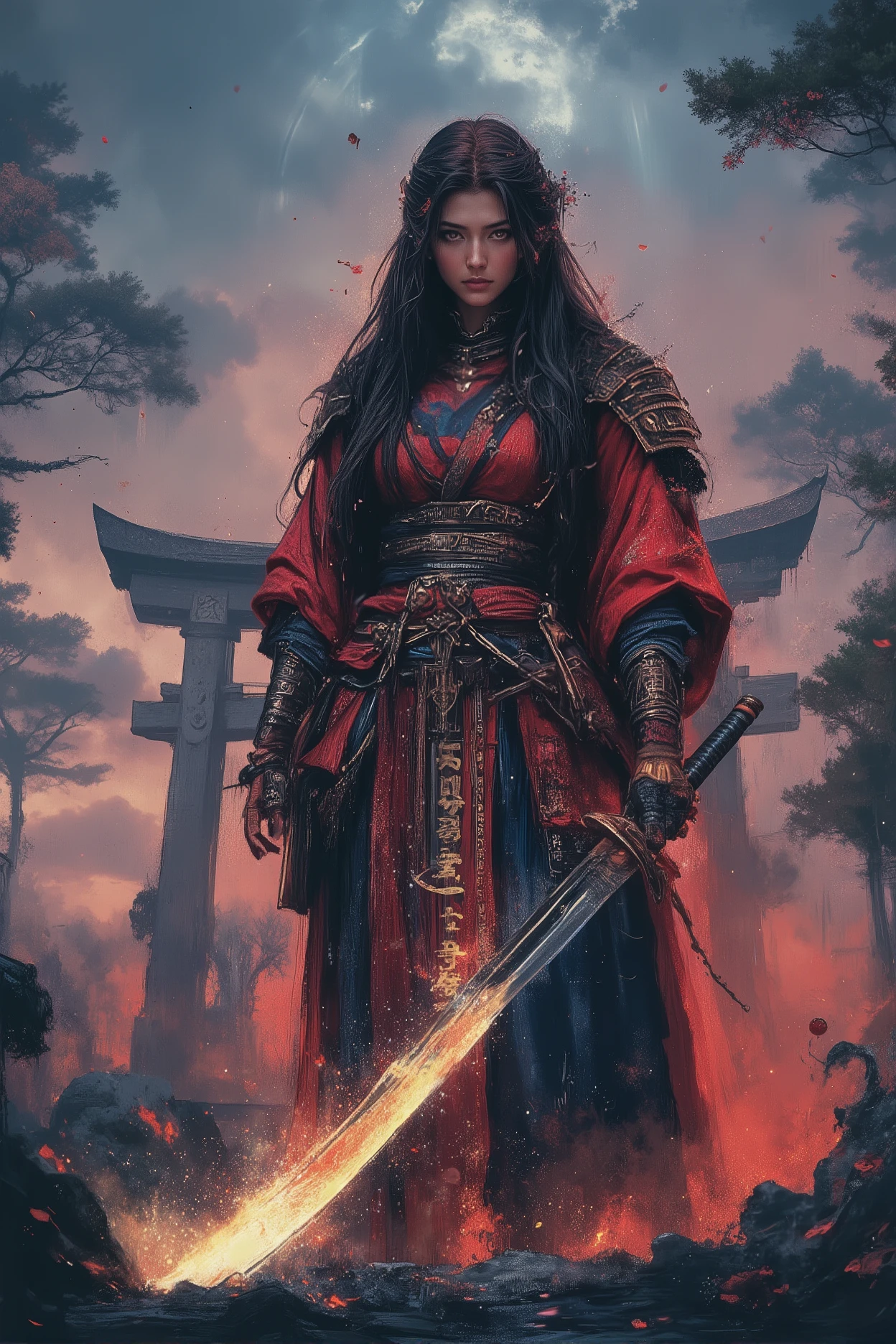 (best quality,4k,8k,highres,masterpiece:1.2), ultra-detailed, (realistic,photorealistic,photo-realistic:1.37), A fearless Japanese female warrior in traditional crimson and indigo battle kimono reinforced with ornate samurai armor. She wields a glowing katana inscribed with ancient sutras, standing confidently on a torii gate at twilight. Her long black hair flows like ink in the wind, eyes burning with divine fire. She is surrounded by vanquished yokai—oni, nurarihyon, and giant spiders—fading into smoke. Cherry blossom petals mix with swirling spiritual energy as holy seals float in the air. Moonlight filters through misty cedar trees, casting ethereal shadows. Ukiyo-e inspired, cinematic style, highly detailed, mystical atmosphere.