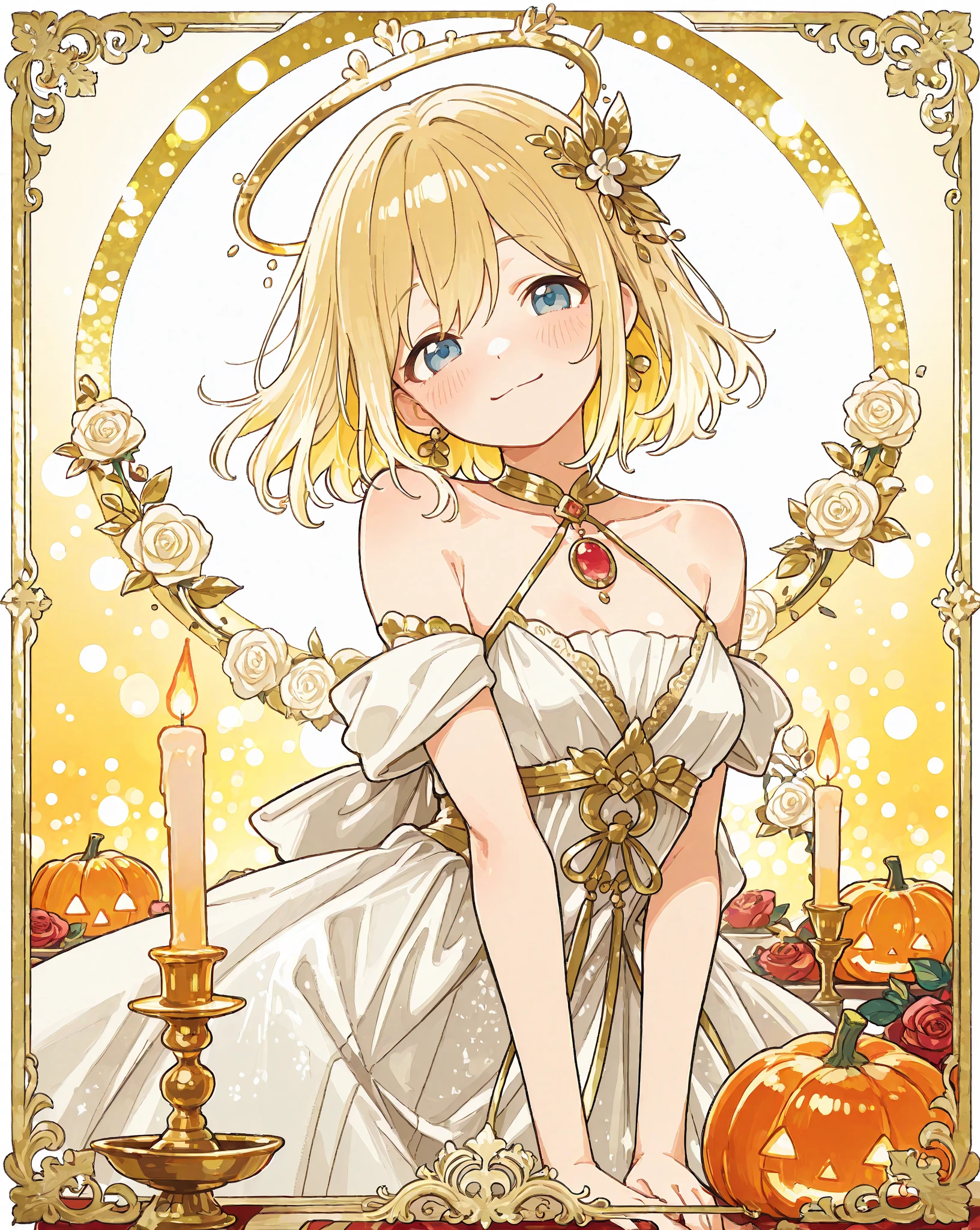 HD4k,masterpiece,best quality),blond haired woman in white dress sitting at table with candles, ethereal fairytale, fairycore, dreamy aesthetic, very magical and dreamy, dreamy and ethereal, ethereal and dreamy, glowing aesthetic, lofi girl aesthetic, fantasy aesthetic!, ❤🔥🍄🌪