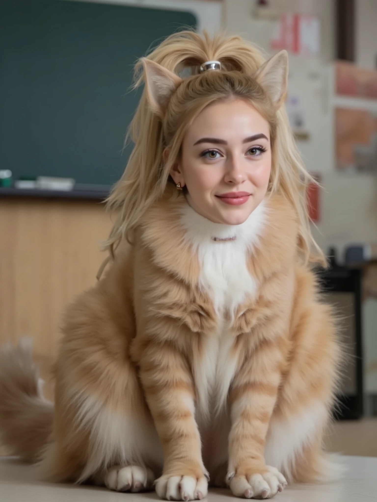 chica híbrida, Full body of the cat, Head of a female , big cat ears and a long fluffy cat tail; blonde with very long hair tied in a fluffy ponytail and ribbon, earrings; teacher of 22 years, Face with a smile; She has a front view of 4 legs and a full body, in her classroom in front of the blackboard, bright school environment.