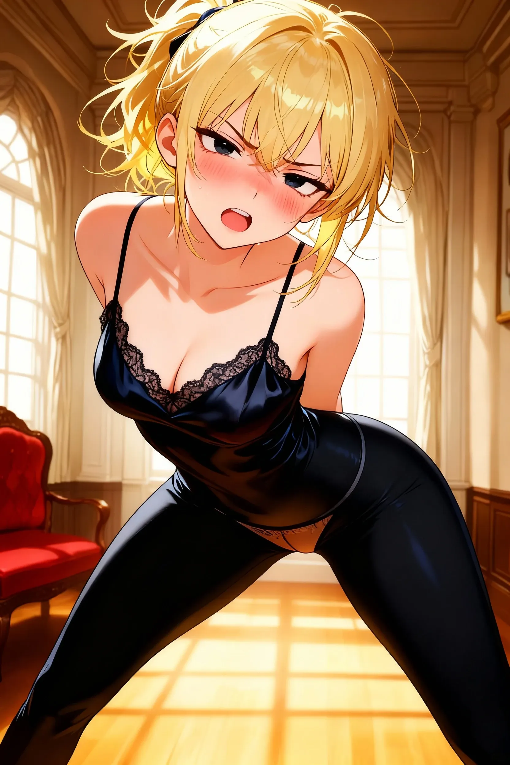 (masterpiece, best quality:1.2), solo, 1girl, Clementine \(Overlord\), smirk, looking at the viewer, shirt, , black leggings, , big ,  pose