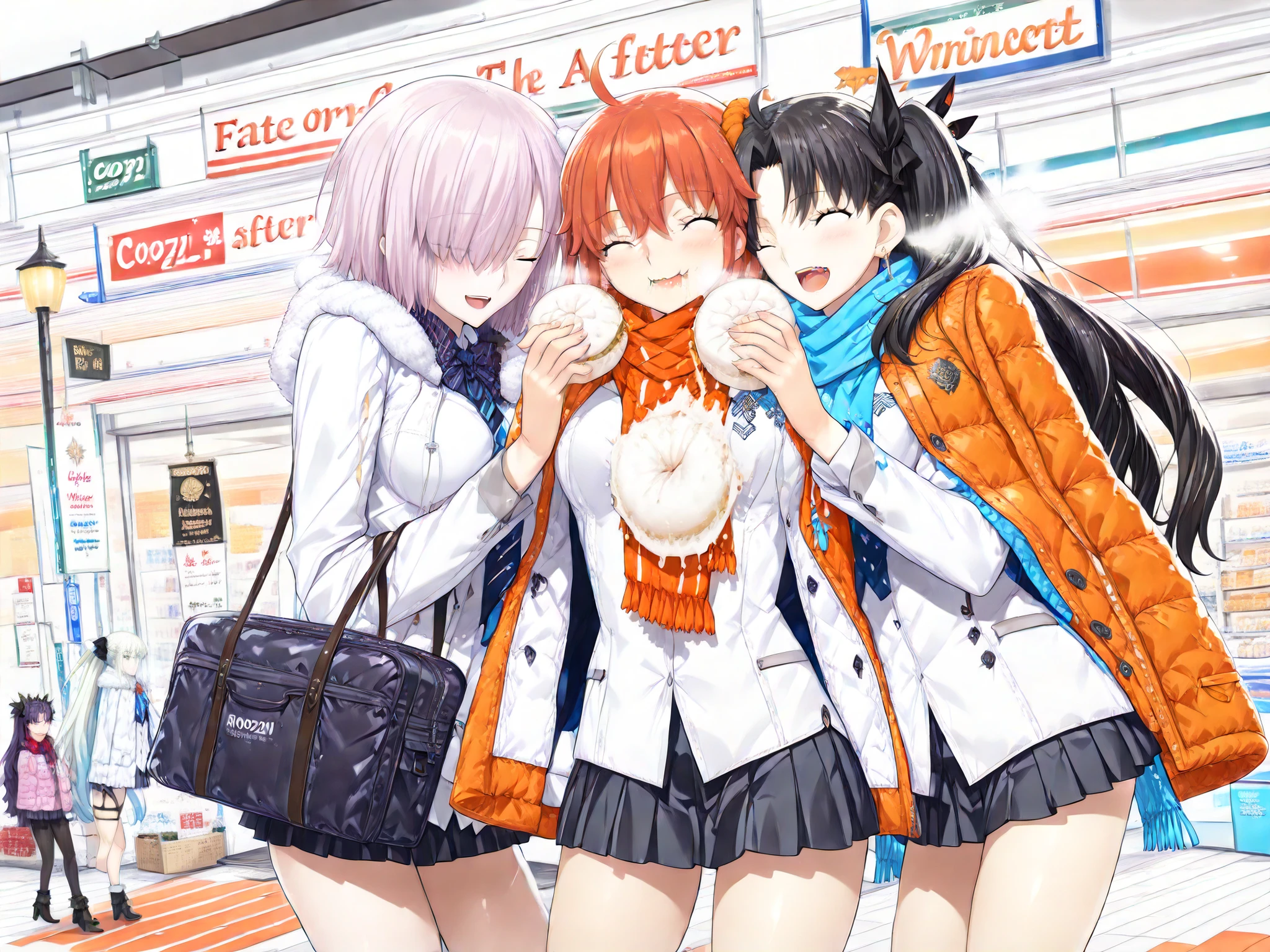 (masterpiece:1.2), (Highest Quality:1.2), (Super Detailed:1.2), (Fate/Grand Order style:1.3), (Thickly painted anime style:1.2), takeuchi takashi, (anime style:1.25),
(4girls:1.4), (intimate atmosphere:1.4), ((Fate/Grand Order)),
((cozy, playful, winter after-school moment:1.5)), ((girls are eating Japanese steamed buns, steam mixing with white braeath clouds)),
((soft orange street lamps and store sign)),
((breath visible in cold air)),
((school bags on shoulders, scarves and coats half-buttoned)),
((personA: Fujimaru Ritsuka (female), aaritsuka, orange hair:1.4)),
((personB: Mash Kyrielight, purple hair:1.1)),
((personD: Ishtar, black hair:1.4)),
((paersonC: Morgan le Fay (Fate):1.2)),
(Japanese convenience store front in winter twilight:1.3),
((all four standing close in a small circle in front of convenience store)), (wearing a miniskirt, her thighs are visible),
((cinematic low-angle medium shot from ground:1.2)), ((diagonal composition with store sign behind, four girls forming warm center)), ((shallow depth of field, razor focus on Japanese steamed bun and happy faces)),
((only these four in frame, pure winter after-school Japanese steamed bun bliss:1.3))