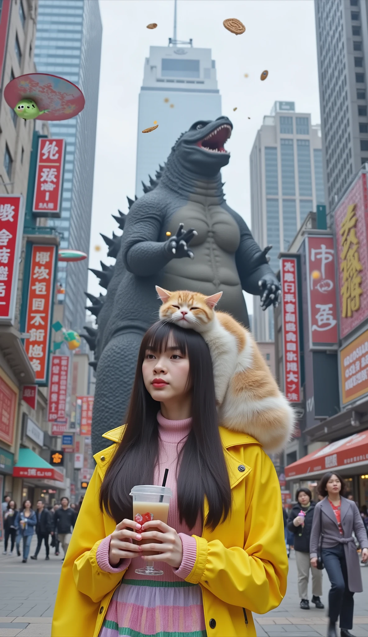 masterpiece, best quality, ultra-detailed, 8k, cinematic realism, eye-level shot
Dòu Bàn Jiàng, a young Chinese woman with long black hair and straight bangs, wearing a brightly mismatched absurd-style outfit—neon jacket, striped skirt, playful accessories—standing in the middle of a bustling modern city street as the world around her descends into delightful nonsense. An enormous Godzilla casually drinks bubble tea behind a skyscraper, while a tiny UFO hovers above her shoulder, projecting a friendly green alien waving enthusiastically. A fluffy cat naps peacefully on top of her head, completely unbothered by the chaos. Pedestrians walk by as if everything is normal, neon signs flicker, and flying noodles swirl like confetti through the air. Her expression is a mix of mild confusion and calm acceptance, as if absurdity is part of her daily routine. Cinematic lighting, vivid surreal atmosphere, crisp textures, photographic finish.
