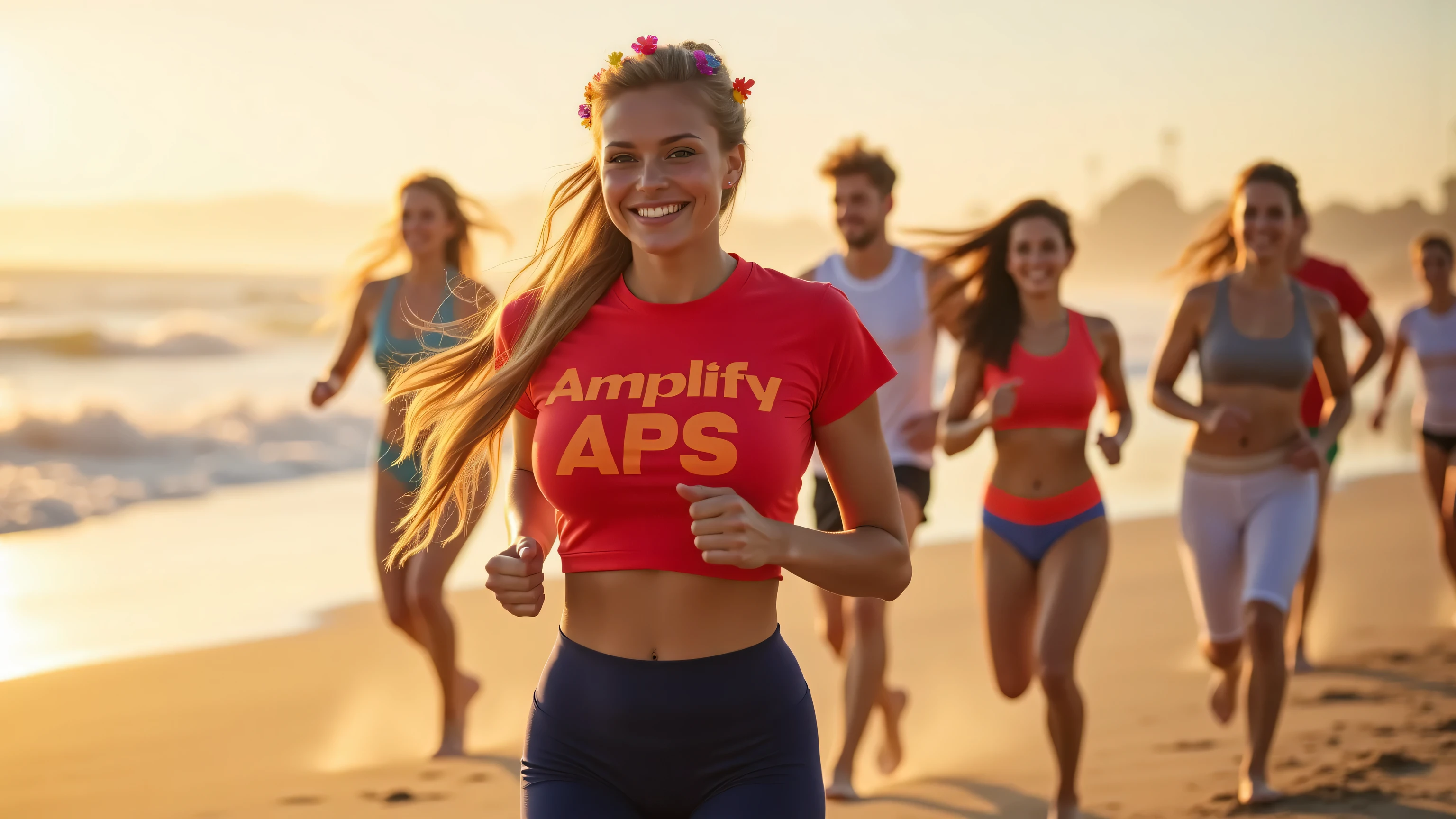 Transparent,giant breasts,pokies,Create a vibrant beach scene at sunset, featuring a group of young, energetic people running along the shoreline. The focus is on a smiling woman in the foreground, wearing a bright red cropped t-shirt with the text "Amplify APS" in bold orange letters, paired with dark blue athletic tights. The t-shirt fits super slim and reveals a stunning sexy body and very big double DD Cup breasts bouncing in the air, she has long, flowing blonde hair adorned with colorful flowers, capturing a carefree and joyful spirit.

In the background, include several friends, both male and female, also jogging, with the ocean's waves gently lapping at their feet. The warm golden light of the setting sun casts a soft glow over the scene, illuminating the sandy beach and creating a picturesque, lively atmosphere. The colors should be vivid, with the contrast between the bright clothing and the natural hues of the beach, water, and sky. The composition should emphasize movement and a sense of camaraderie among the group