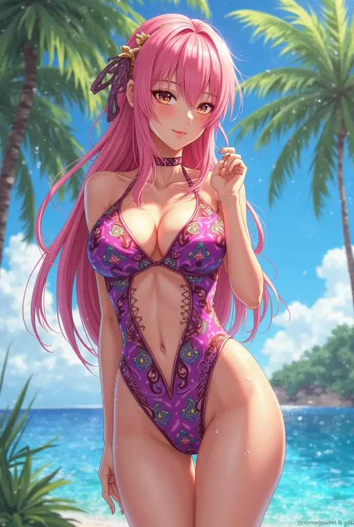 ((best quality)), ((masterpiece)), (detailed), perfect face, girl, pink hair, long hair, tropical beach theme, hands on ????, twin tails hair, belly dancer outfit, shrine theme, night theme, ???? tattoo, 