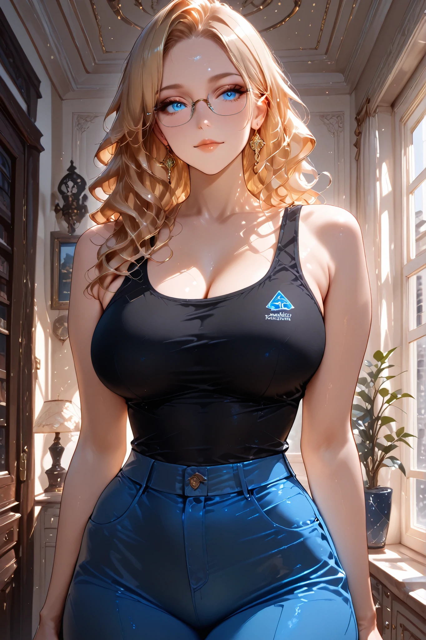 masterpiece, the best quality, excellent quality, super detail, latest, very aesthetic, A girl, mature women, glasses, big breasts, blonde hair, blue eyes, (wavy hair with a smooth stripe in the middle), black tank top, blue trousers, golden earrings