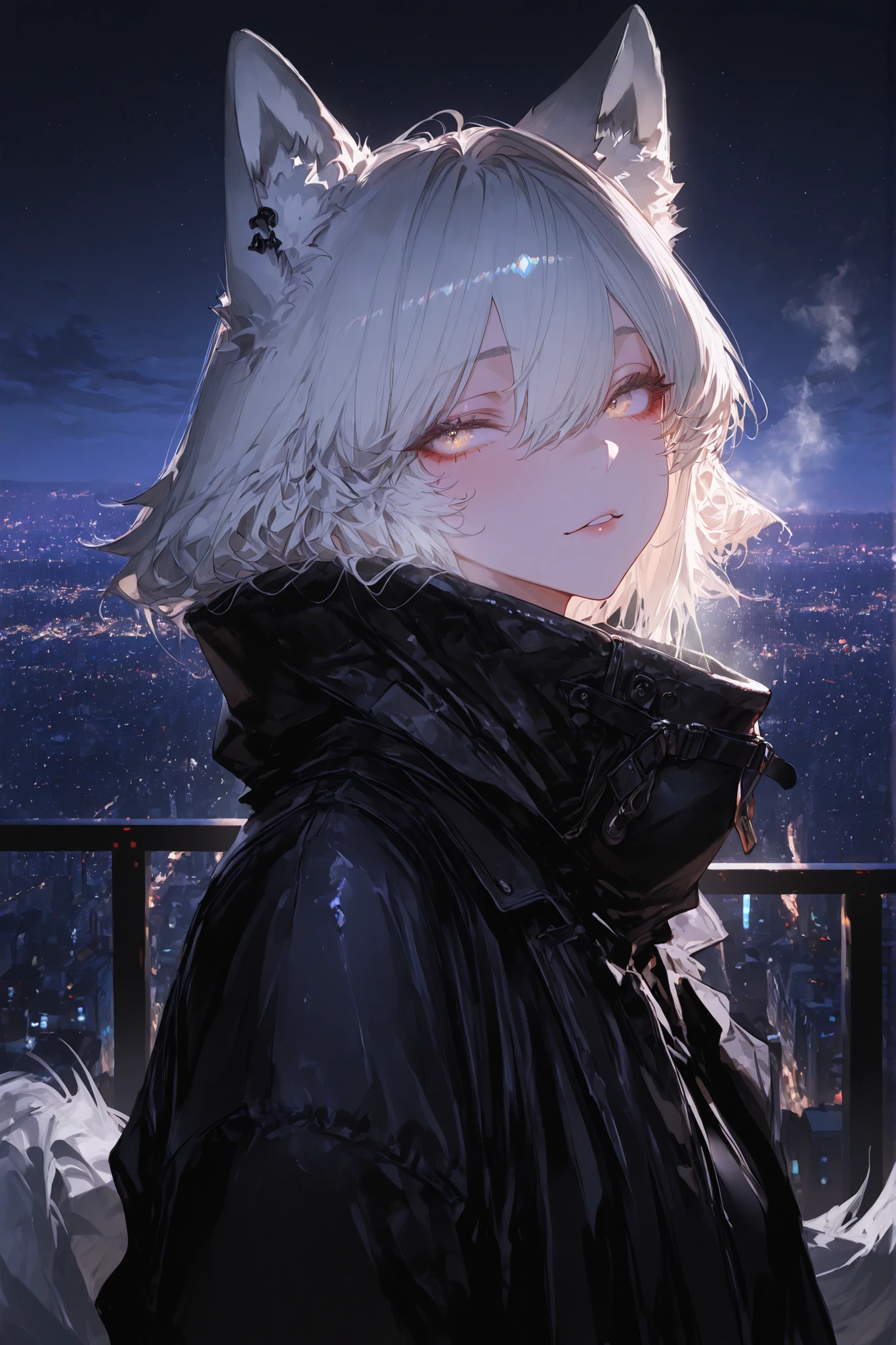 masterpiece,top quality, highres, HDR, high detailed, high definition image, lots of details,best quality,amazing quality,Ultra detailed, Highest quality,Best quality, Top Quality, Amazing Quality, 8K,Very Aesthetic,highly detailed, absurdres, High Resolution, Very Detailed,super detailed,Outrageous,Latest,IllusP0s,detailxl,negativeXL_D,BREAK 1girl,wolf personification, snood,Sky, city center,beautiful night view,night,Masterpiece