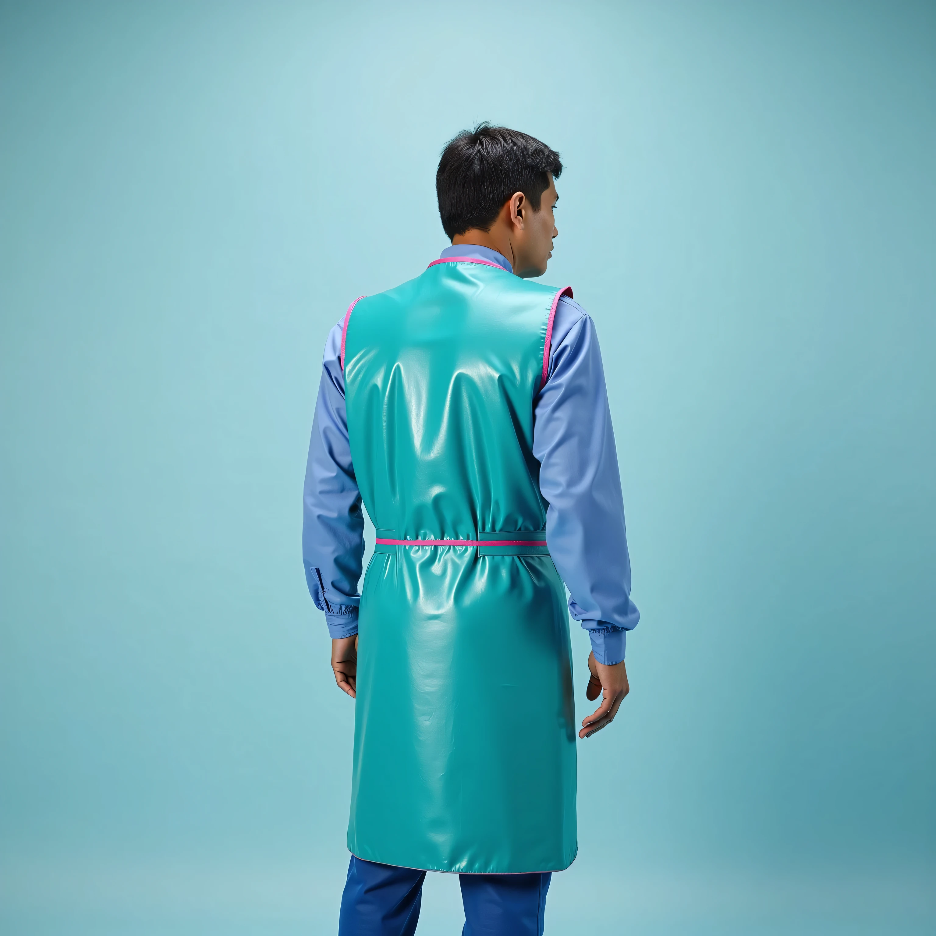 a middle aged asian man, standing in a hospital operating room facing away from the camera, wearing a light turquoise lead apron made of heavy ripstop nylon with pink trim made of shiny vinyl, the apron consists of two piece vest and skirt, the image is taken with HDR on