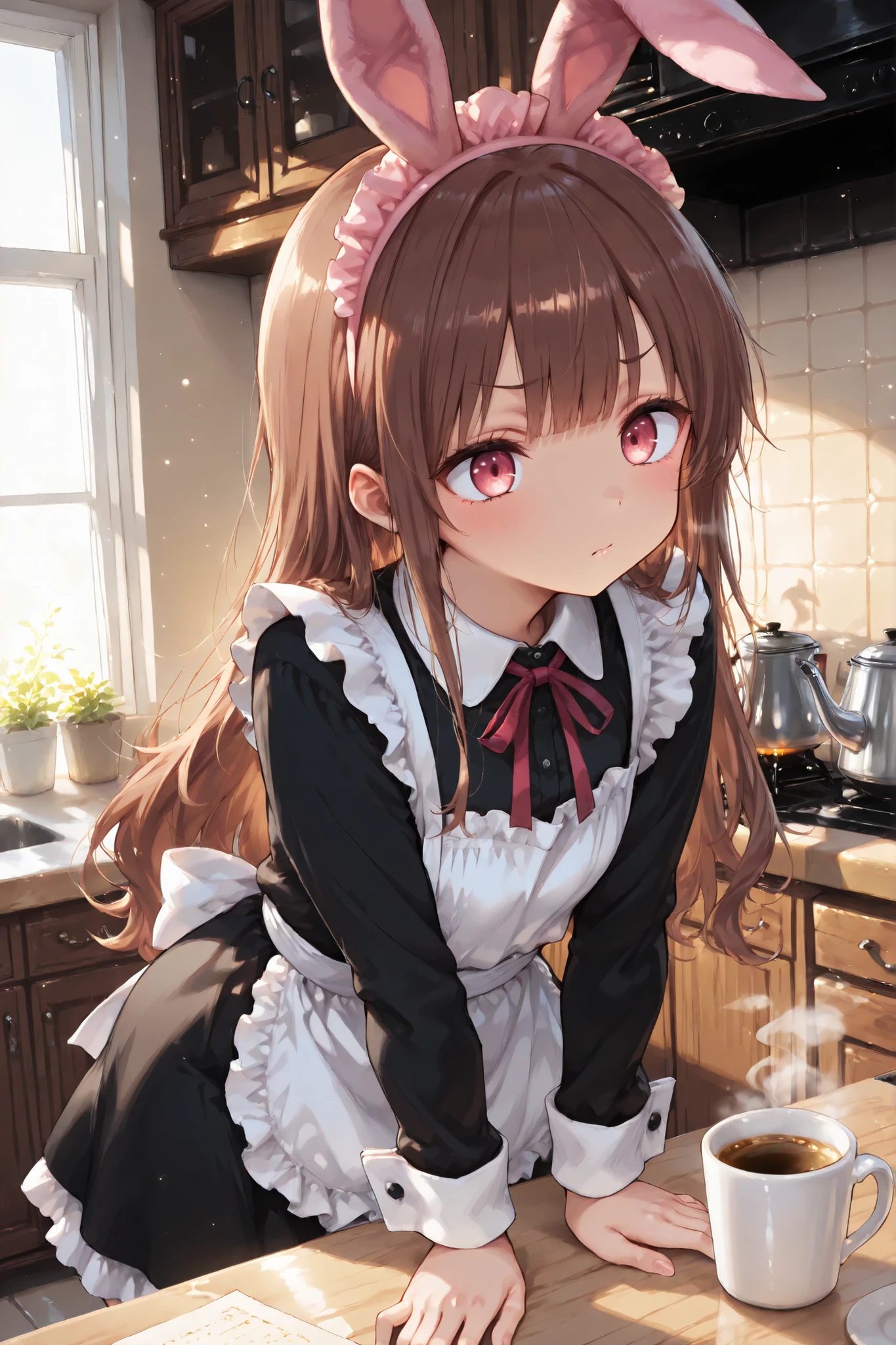 Shiny skin, Babe, character, meroko.
masterpiece, best quality, ultra detailed, high resolution, 8k, caustics, super detailed skin perfect anatomy, dynamic lighting, elaborate eye depiction, beautiful detailed eyes, a cute anime girl.
# body
slim body, very flat chest, soft curves, elegant posture.
# hair
chestnut brown wavy long hair to shoulder blades, airy bangs, natural loose strands.
# eyes
pink eyes, sharp shape, focused gaze, subtle moisture.
# expression
confused expression, slightly annoyed expression, troubled look, concentrated face.
# outfit
long black maid dress, pink bunny ear headband, floor-length silhouette, neat white apron, tidy ruffles, white cuffs, sleeves slightly rolled, wearing a classic maid uniform.
# pose
leaning forward slightly, holding a kettle in one hand, pouring a thin stream of hot water, careful slow movement.
# props
ceramic dripper, paper coffee filter, warm steam rising, wooden kitchen counter, simple cup set.
# background
soft indoor morning light, cozy kitchen atmosphere, gentle rim light on hair, faint warm air.
# composition
bust-up framing, three-quarter angle, balanced layout, soft ground shadow.
# outline
fine line art, delicate line drawing, thin outlines, clean outlines, minimal noise.