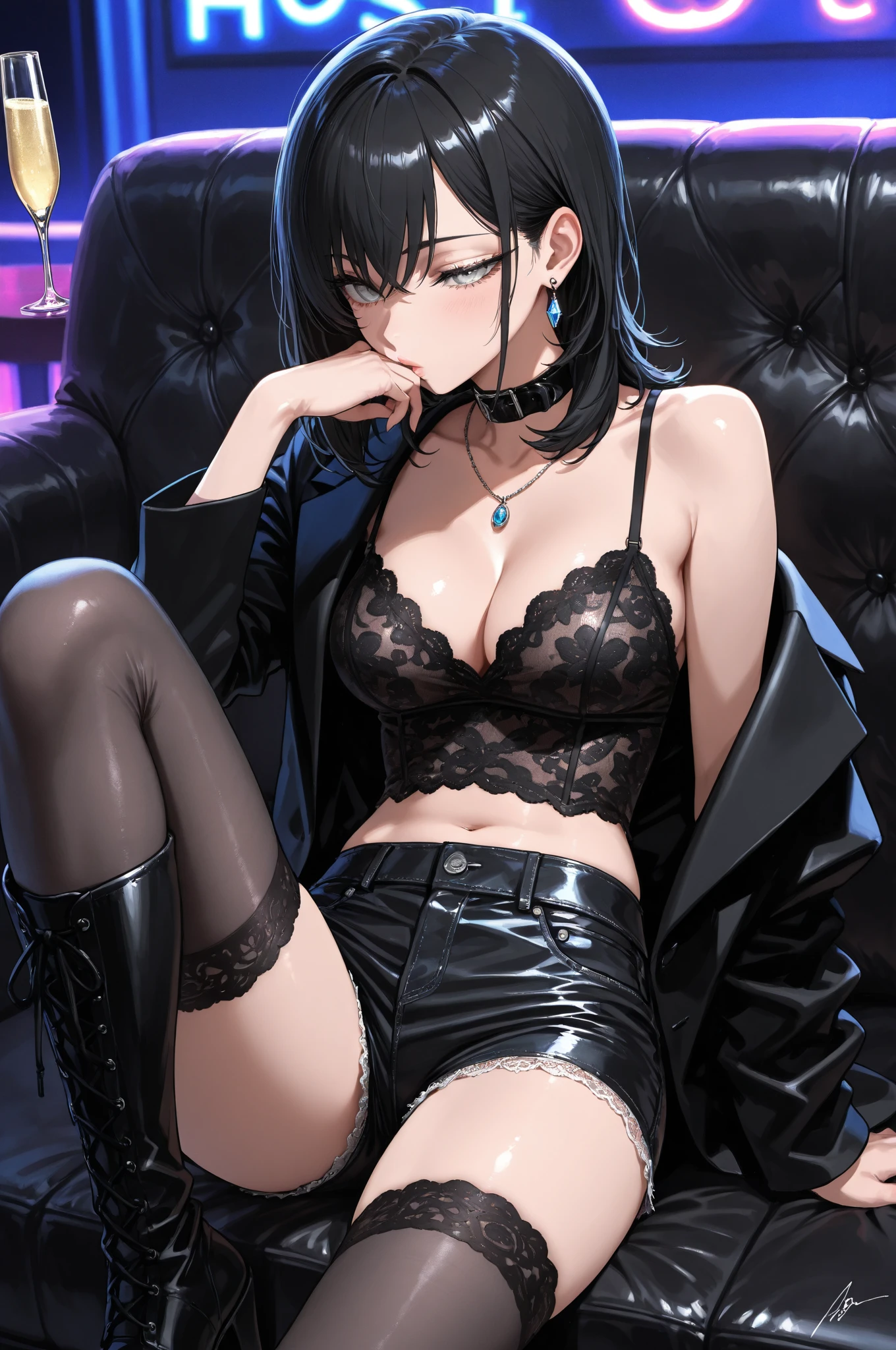 (Masterpiece, Best Quality, Ultra High Resolution , Digital Art,Beautiful and Aesthetic ) . ( One Fashionable adult girl with a short oblique bob, slender figure, expressive and dominating look ) in modern men's suit in youth style , matte black color , lovely thin white but long tie , (silk thick threads of red color connect the necklines on the sides of the whole suit) , . The character sits on a large massive sofa with lots of leather and metal patterns on it in vintage style , an interesting and atmospheric pose that characterizes the character , .