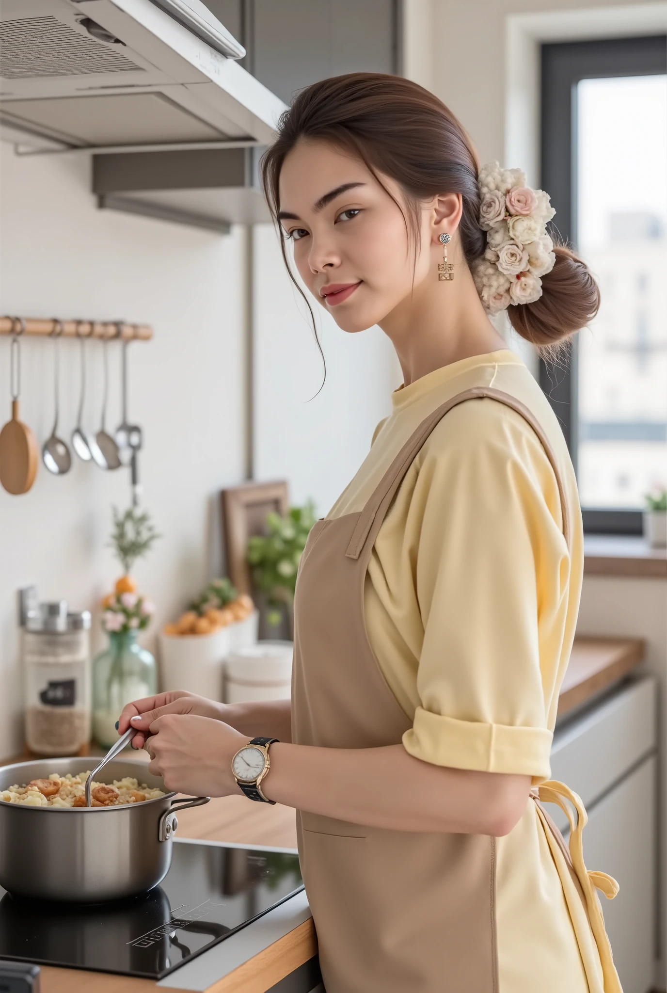 Ultra High Definition, high resolution, high resolution, 24K Video Quality. beautiful, big brown eyes, depicts a 26-year-old Japanese woman.  she says ,I'm in my new kitchen、It's a nice kitchen equipped with the latest system kitchen、
Her long, soft, light brown hair is tied with a flower-patterned scarf and made into a ponytail、Delicately styled in a dress style with a cute light yellow design made of cotton material, wearing a dark beige shoulder apron。 she says とても素敵な女性で、When she smiles, everyone smiles、attractive woman、Tall、スタイリッシュなbeautiful体型、a wonderful wife that everyone envies、
enjoy time alone、While simmering pot-au-feu in an induction cooker, look closely at the pot for cooking and show how they are concentrating、Her gaze is on cooking、