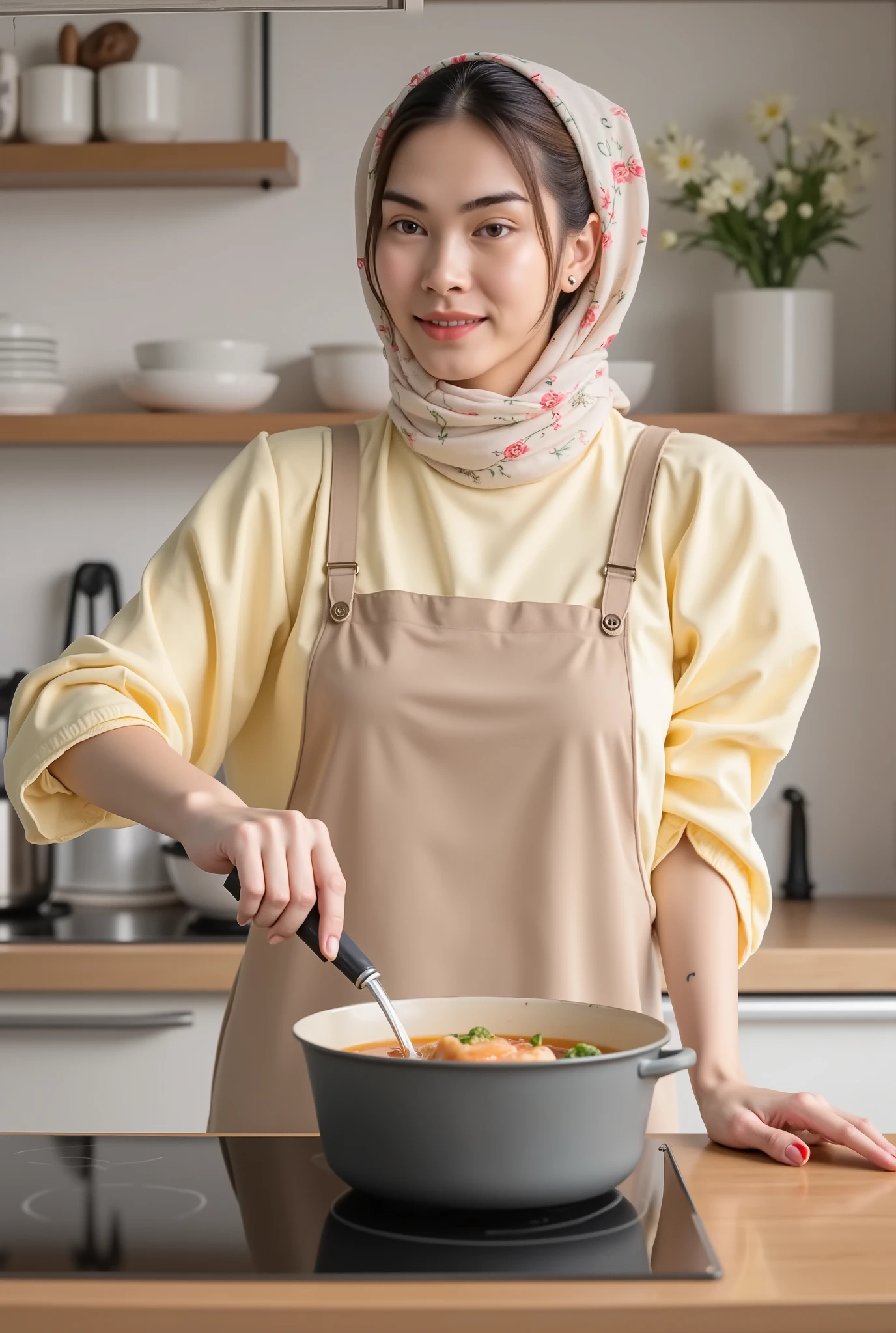 Ultra High Definition, high resolution, high resolution, 24K Video Quality. beautiful, big brown eyes, depicts a 26-year-old Japanese woman.  she says ,I'm in my new kitchen、It's a nice kitchen equipped with the latest system kitchen、
Her long, soft, light brown hair is tied with a flower-patterned scarf and made into a ponytail、Delicately styled in a dress style with a cute light yellow design made of cotton material, wearing a dark beige shoulder apron。 she says とても素敵な女性で、When she smiles, everyone smiles、attractive woman、Tall、スタイリッシュなbeautiful体型、a wonderful wife that everyone envies、
enjoy time alone、While simmering pot-au-feu in an induction cooker, look closely at the pot for cooking and show how they are concentrating、Her gaze is on cooking、