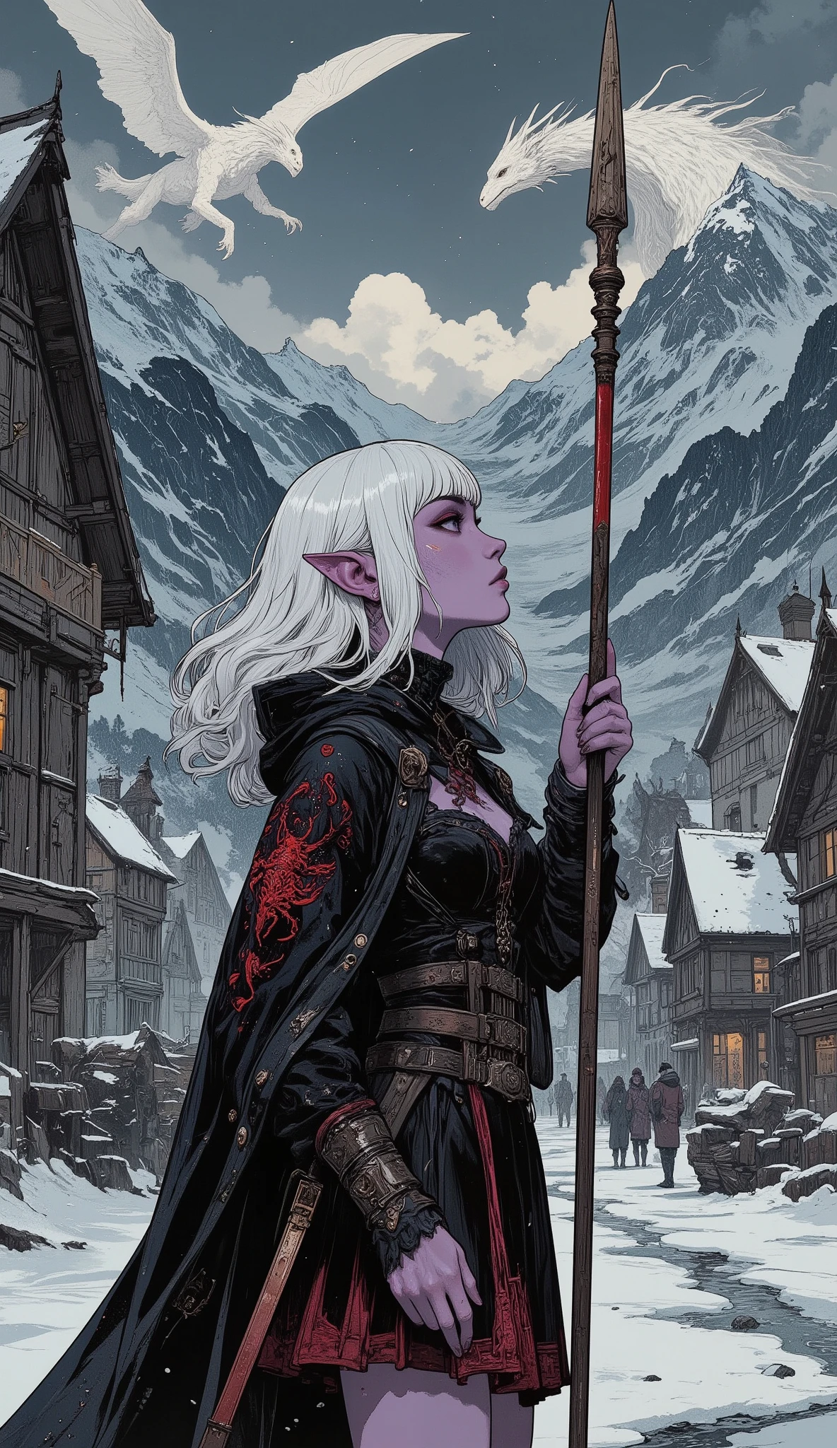 (A digital art piece blending ukiyo-e with dark fantasy, creating an aesthetic and gothic style. Detailed depictions of the face and body. Dark heroine.) BREAK
(A small port town in medieval Scandinavia, where the sea freezes in bitter cold. Dark gray clouds hang low in the sky, and a fierce blizzard blankets the surroundings in white mist. A white dragon spreads its wings wide, flying gracefully through the air. A dark elf dragon slayer stands with her back turned, her body twisted in a bold pose, gazing at the white dragon while holding a dragon lance longer than her own height in one hand.) BREAK
(The dark elf dragon slayer has snow-white hair, a blunt fringe, long flowing locks, long white lower lashes, lavender-colored eyes, thick dark eyeliner, and pink lips.) BREAK
(The dark elf dragon slayer wears a cloak of jet-black velvet embroidered with tiny red scorpions in a medieval Spanish gypsy-inspired design, paired with a short-hemmed, dark red velour lace-up dress. She wears soft black leather boots with knee-length turn-ups. A silver dagger hangs from her waist belt.)
