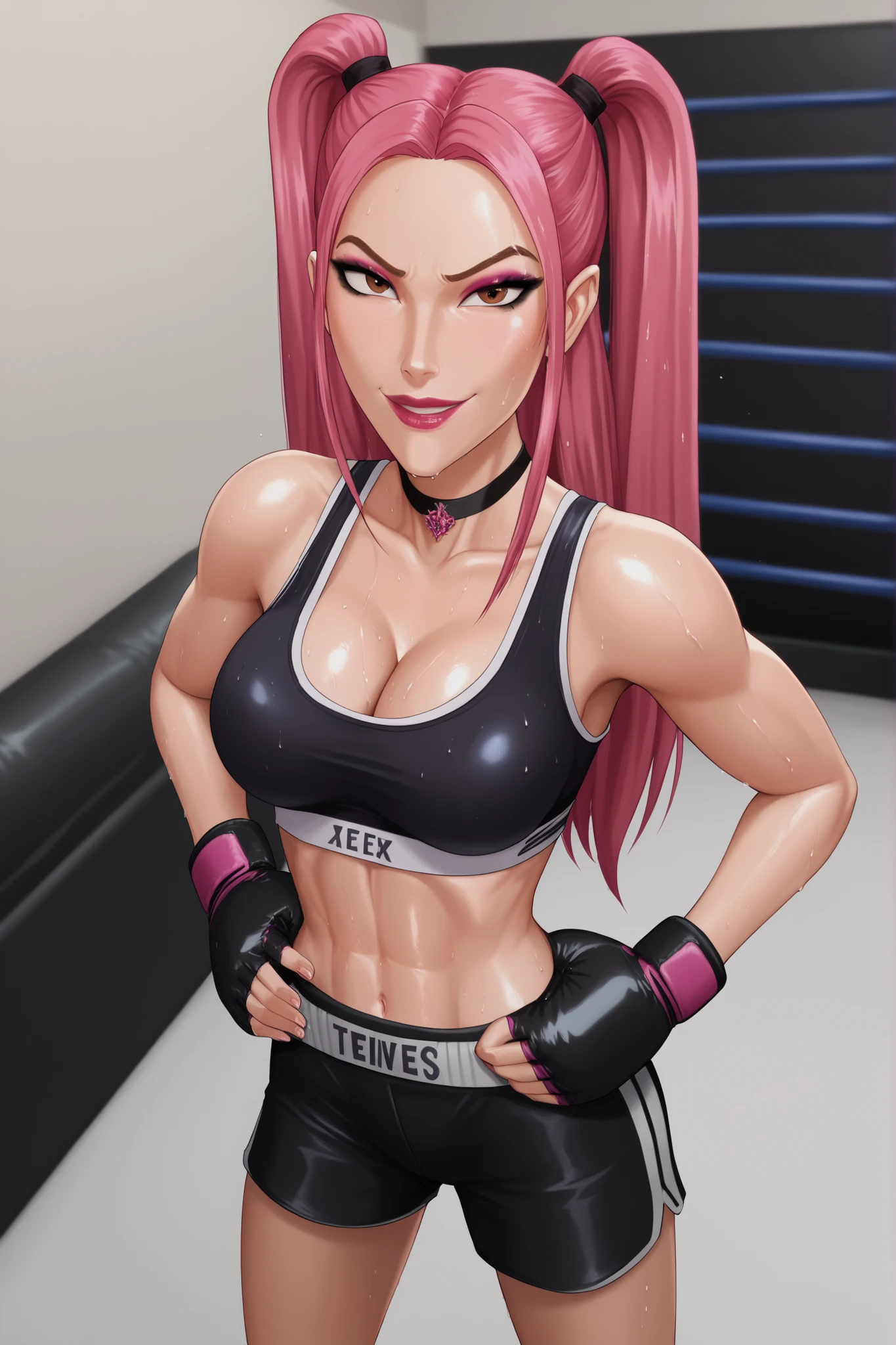 BREAK, score_6_up, score_7_up, score_8_up, score_9, 1girl, solo, kpdh_m1ra, long hair, dark pink hair, brown eyes, twintails, black choker, lipstick, makeup, official KPop Demon Hunters aesthetic, , busty, cleavage, curvy, athletic, looking at viewer, seducing viewer, teasing viewer, confident expression, smiling, closed mouth, bedroom eyes, jet black sports bra, jet black boxing shorts, jet black boxing gloves, midriff, indoors, boxing ring, standing, hands on waist, closeup, portrait, upper body, high-angle view, pink eyeshadow, black eyeliner, black mascara, sweaty, sweat drops, wet skin, shiny skin 