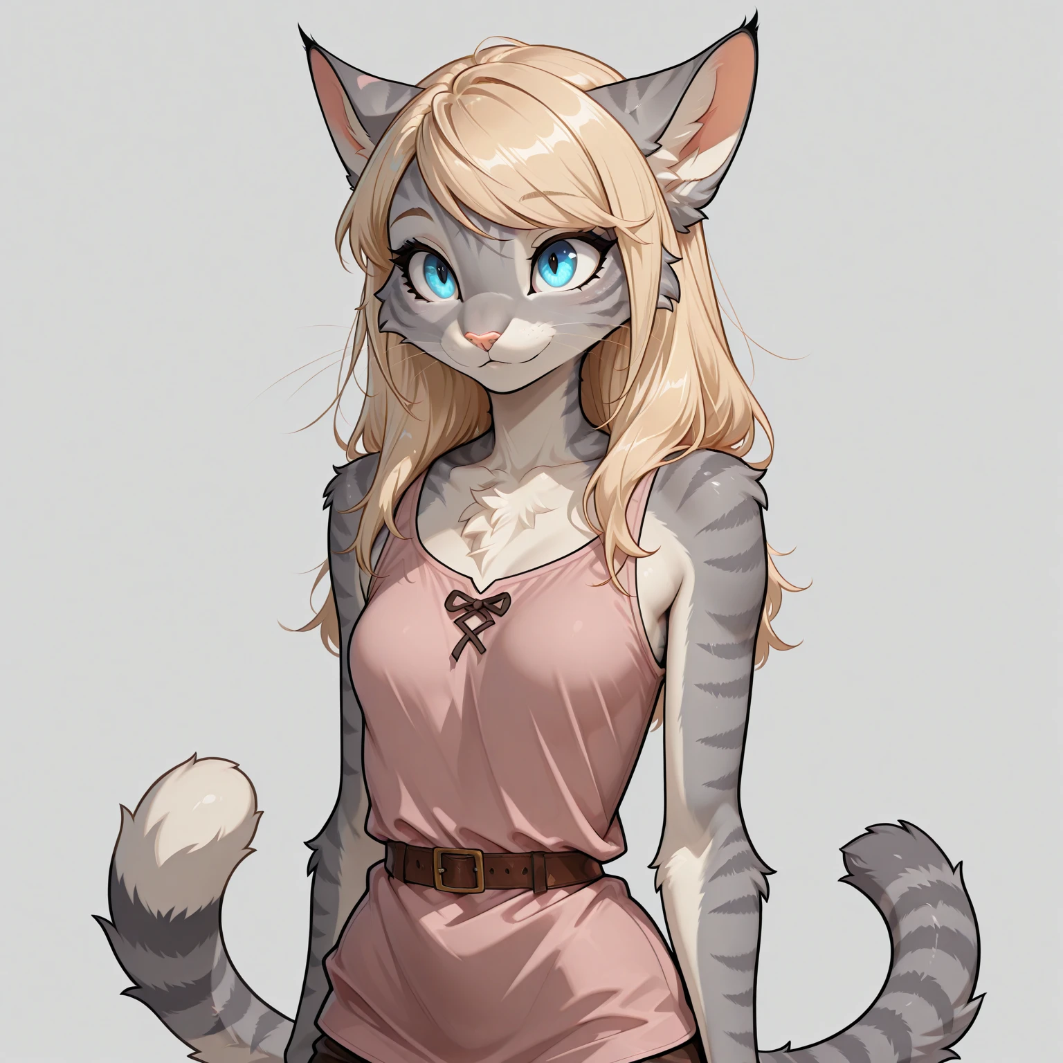 Solo, score_9,score_8_up,score_7_up, source_furry, (Kat, Anthro furry feline girl, adult female, blue eyes, blonde hair, hair in a pony tail, eyes half closed, silver fur, grey stripes, tail), wearing blue bandeau, brown shorts, standing, hands on hips, white background, simple pose, cowboy shot