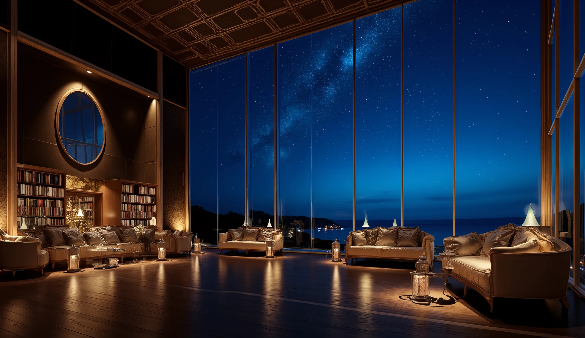 Wide々andした空間に魅惑的なシーンがWideがります, A modern room with a huge, tall glass wall that invites the outside world. At night, envelops the surroundings in deep blue. It's a place where you can soak in both literature and the beauty of an enchanting night, 星空andandもに魔法のようなシュールな背景を作り出しています. This scene evokes peaceful solitude and wonder, creates a gentle winter atmosphere. internal, The warm light of many lantern-style lamps reflects puddles of water The golden light is reflected on the wooden floor, and、express. A modern room with books lined up on the left wall, Multiple cozy luxury sofas are arranged、suggest a reading corner or book space.  attractively arranged between lamps, 快適さand静けさを表現しています, 高い天井and大きな窓が壮大で開放的な雰囲気を醸し出しています. このシーンは平和な孤独and不思議さを呼び起こします, 文学and魅惑的な夜の美しさの両方に浸るこandができる場所です.