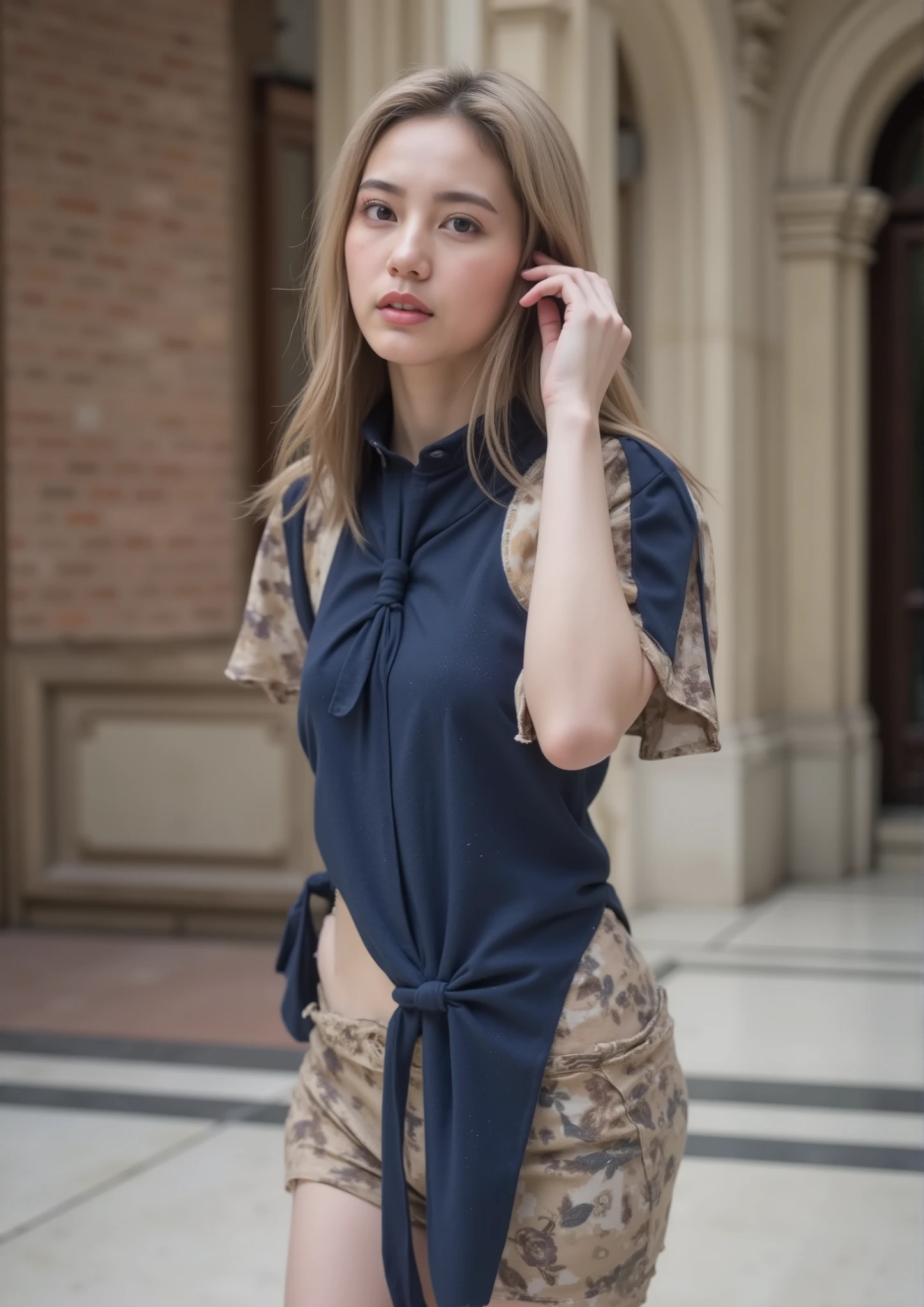 masterpiece, top quality, Wear a fitted turtleneck dress、very stylish woman、With the hall in the background、sexy girl、