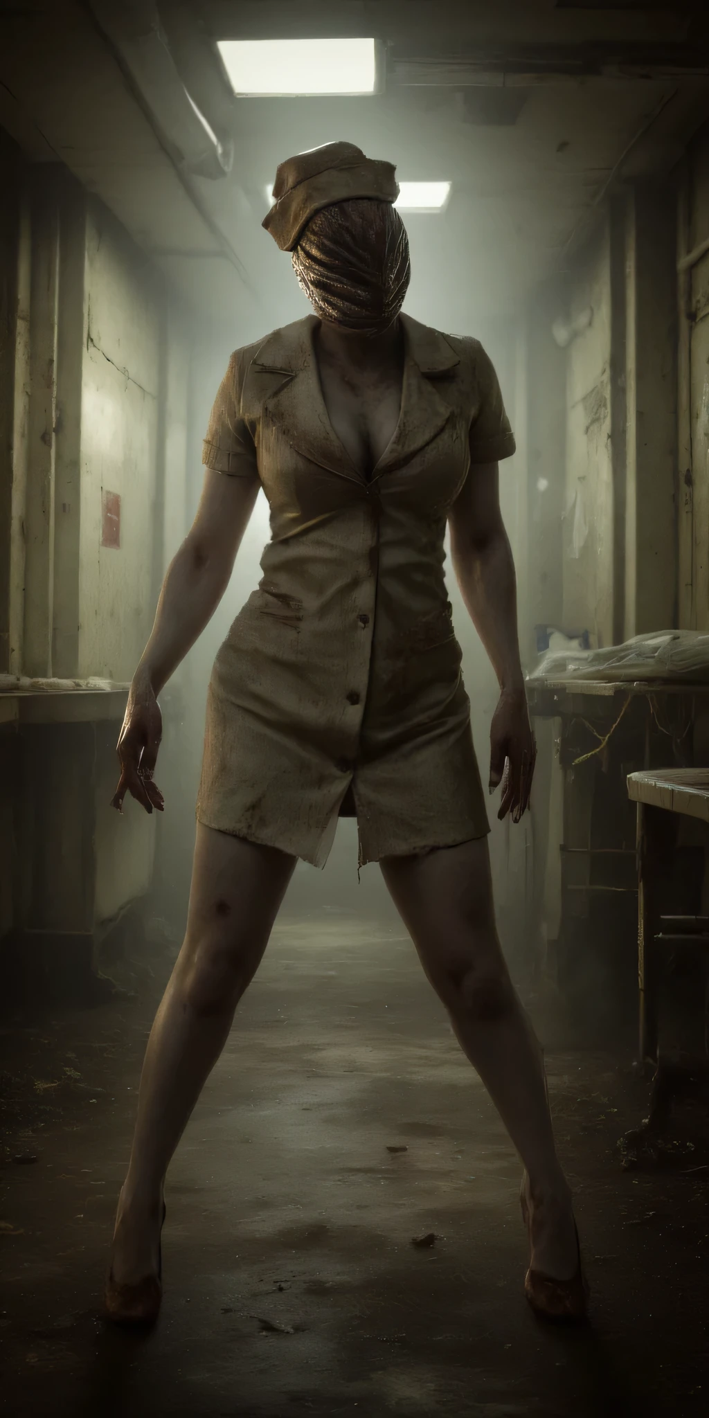 a terrifying Silent Hill nurse with bandaged face, blood-stained uniform, distorted posture, dilapidated hospital corridor, medical equipment, flickering lights, fog, rust, surreal horror, photorealistic