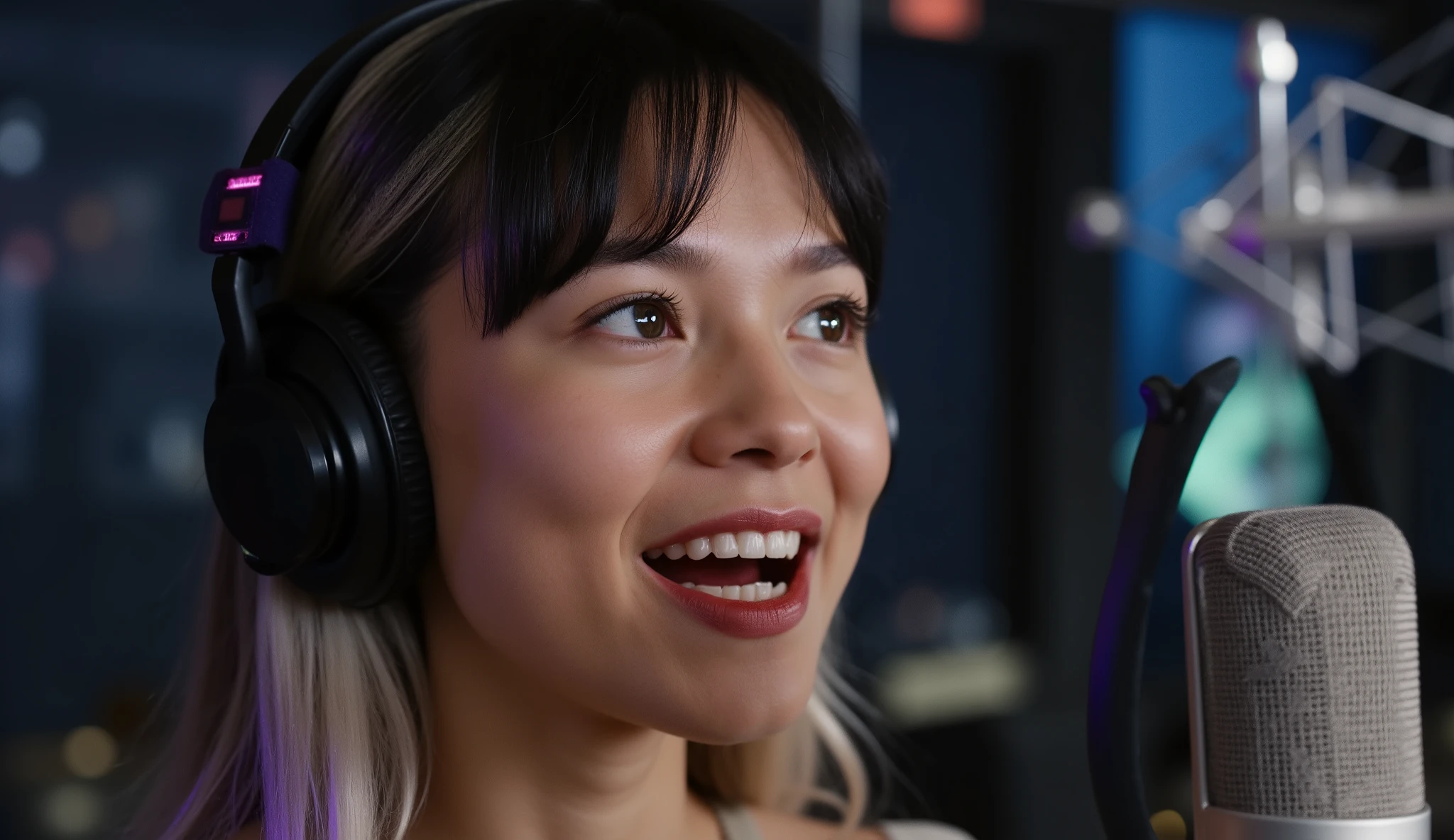 (((A attractive girl black hair with blonde highlights with phtalo green eye))) (attractive young woman:1.3), (sweet & shy), (Thick lips:0 . 9), singing passionately into a studio microphone, wearing studio headphones, ((Modern music studio background)), ((Masterpiece, Highest quality, Highest picture quality, high resolution, realistic, raw photos, 8ก, Colorful cinematic lighting,)), (exquisite eyes: 1.2), (looking to viewer), (Perfect face:1.1), perfect teeth, (Extremely Delicate: 1.1), (Perfect Details: 1.1), has colorful backgrounds, (4k photo:1.1), cinematic film shot in 70mm, vivid colors, (realistic, photorealistic:1.37), ((beautiful smile:1.3)), (Perfect hands, Perfect Anatomy), ((music album with the text "Eternal Wishing (永遠の願い)")), (sweet, beautiful face)