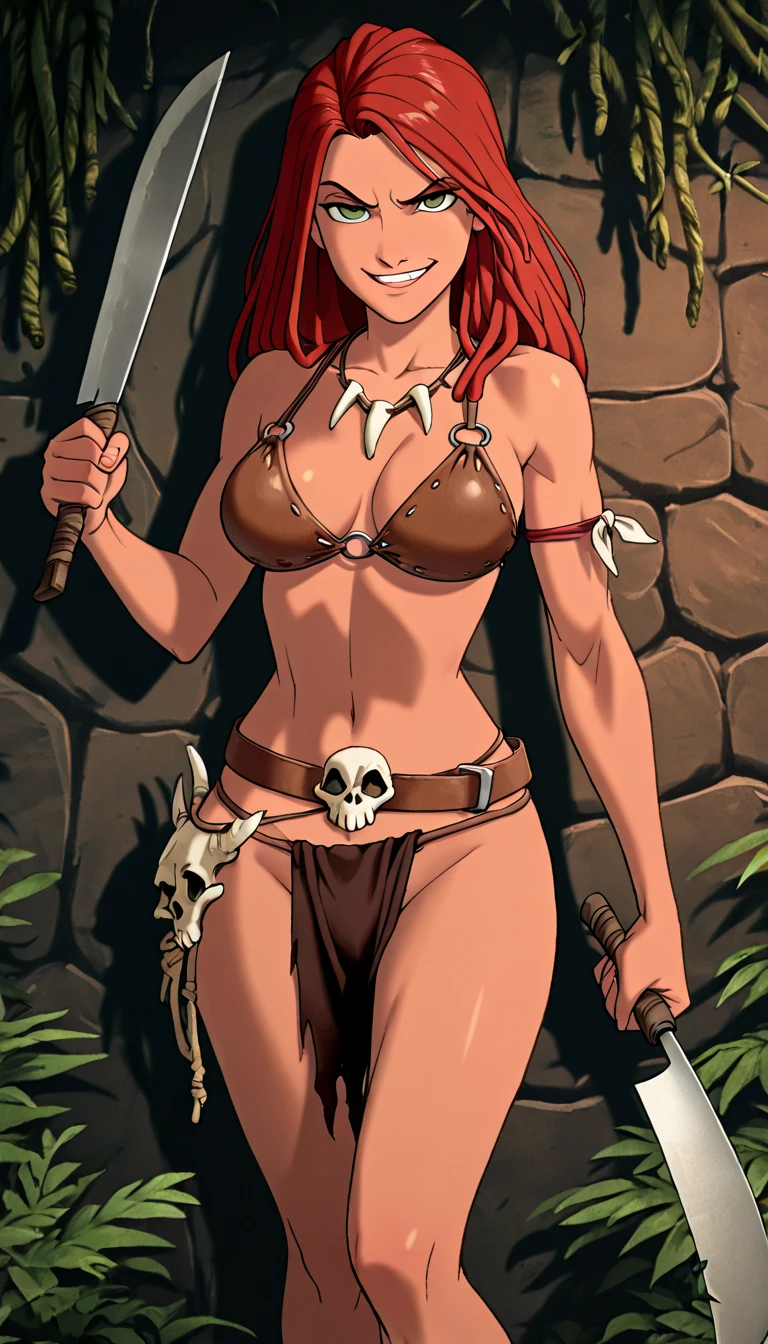 (1girl, lorelei dg), (extremely detailed CG unit 8k wallpaper),(master part), (best quality), (ultra detail), (best illustration),(One Piece Style), cowboy shot, (Sharp eyeliner, ombre, detailed eyes:1), exotic jungle background, break , upper body, ankle cuffs, armband, armlet, belt,  armor, bone, loincloth, dreadlocks, tooth necklace,fangs, green eyes, red hair,tribal, anklet, long hair, skull,belt,fundoshi,o-ring,