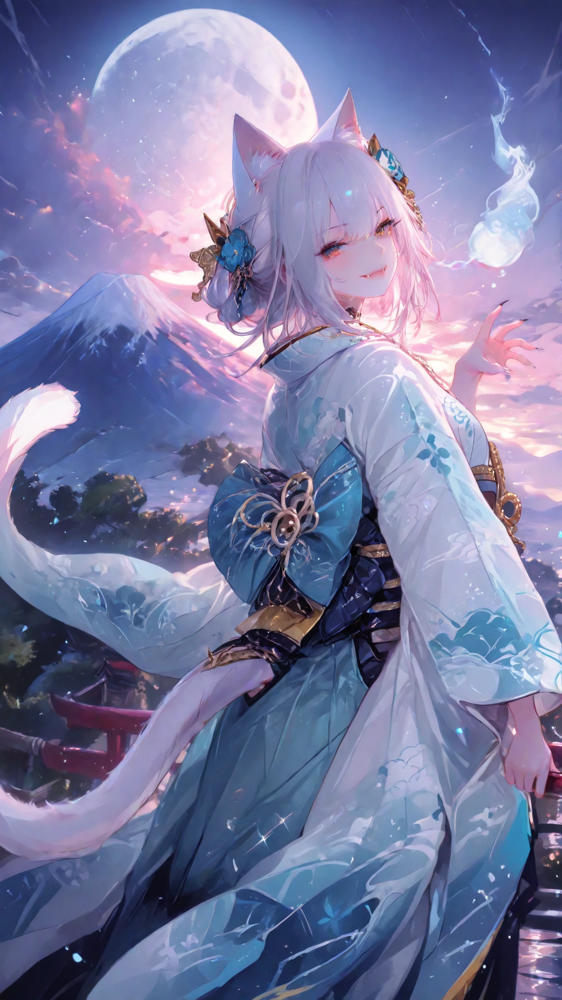 perfect anatomy, fine trait, best quality, ultra detailed, 1girl (kimono neko girl), cat tail, smile with fangs, claws, dynamic pose, in night japan village in background, mount Fuji, moon and clouds, very detailed.