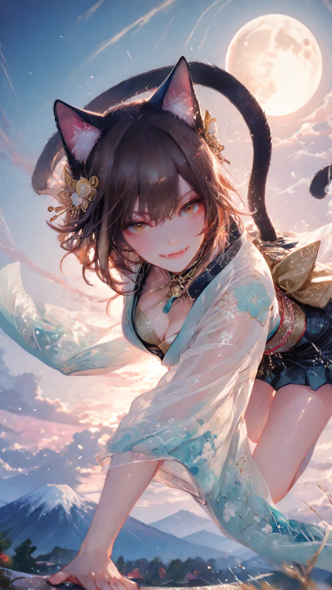 masterpiece,detailed_eyes,high_quality,best_quality,highres,subject_focus,depth_of_field,dynamic lighting,dynamic angle,detailed_eyes,seethrough clothes,realistic,breasts,clear skin,natural skin,Charming and delicate big eyes,brown eyes,Charming cleavage,atmospheric perspective,perfect anatomy, fine trait, best quality, ultra detailed, 1girl (kimono neko girl), cat tail, smile with fangs, claws, dynamic pose, in night japan village in background, mount Fuji, moon and clouds, very detailed.