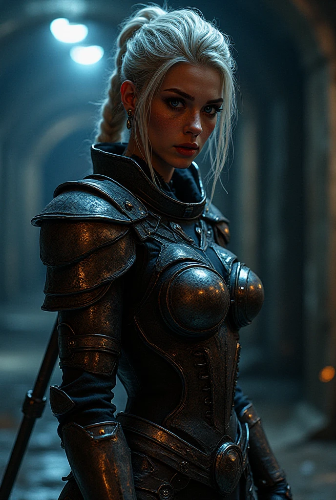 A stylish French woman in sleek armor, holding a rapier sword  